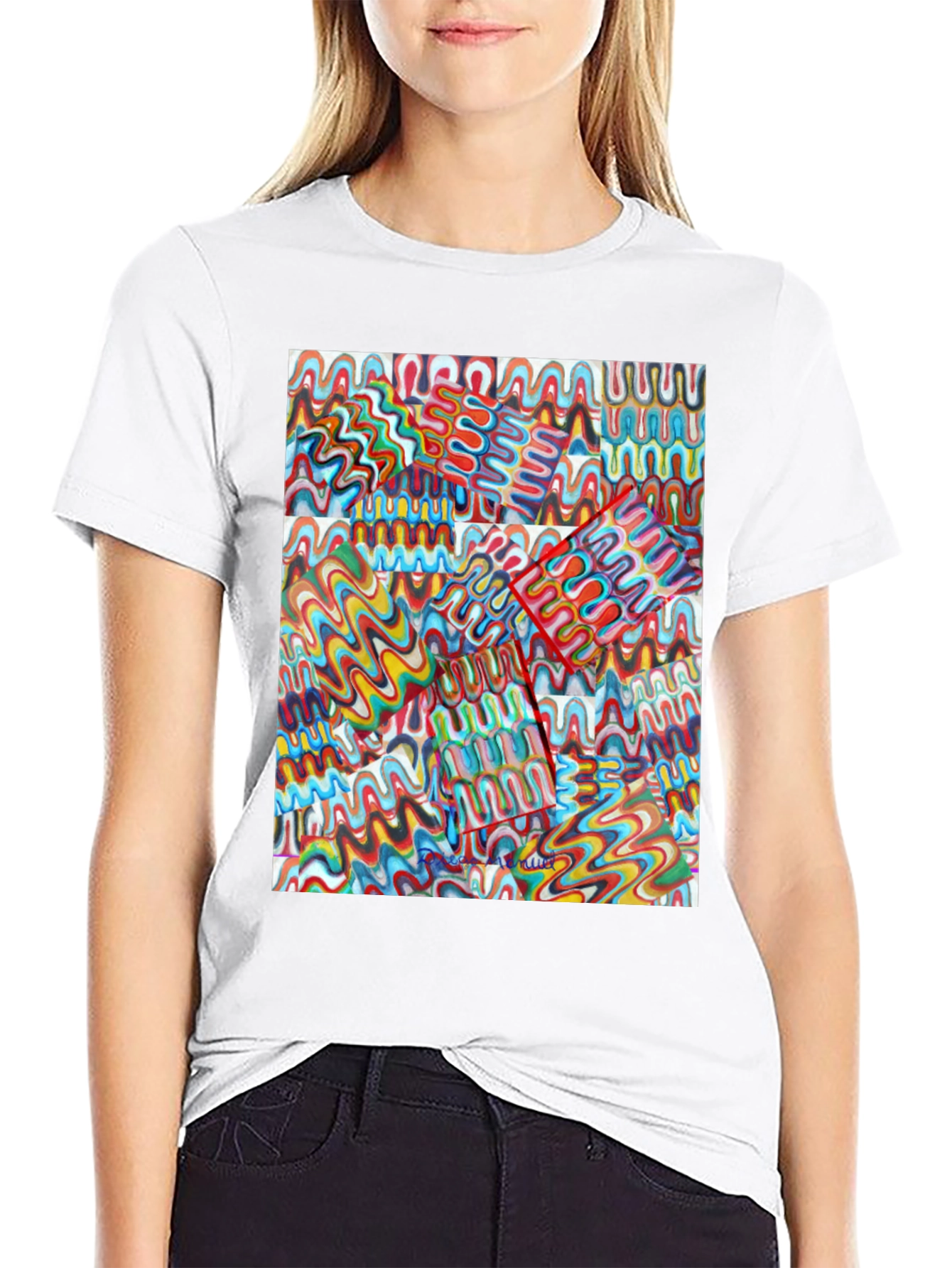 Abstract Wavy Line Pattern Black T-Shirt