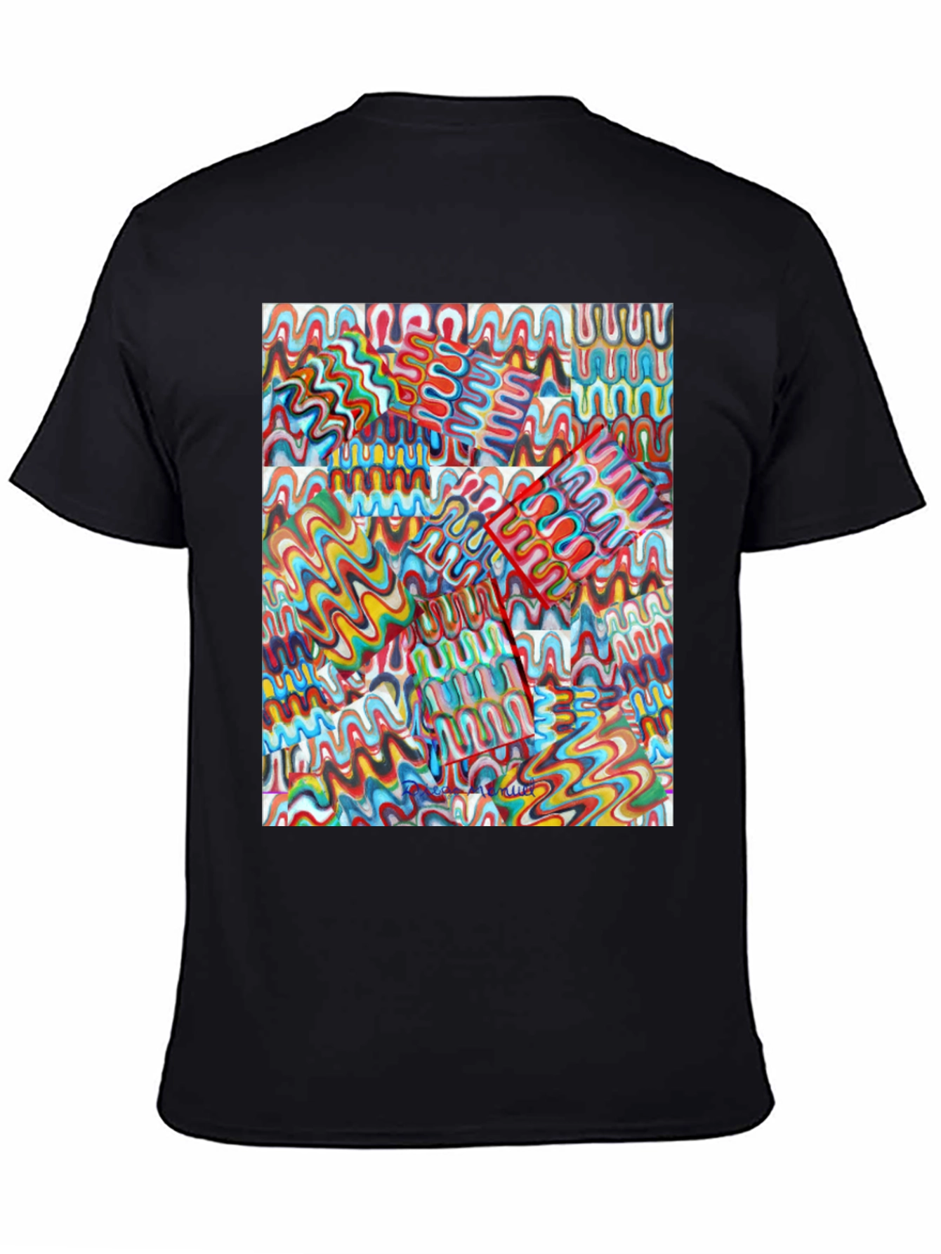 Abstract Wavy Line Pattern Black T-Shirt