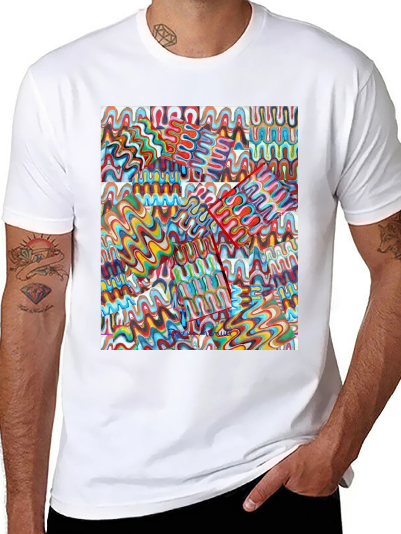 Abstract Wavy Line Pattern Black T-Shirt