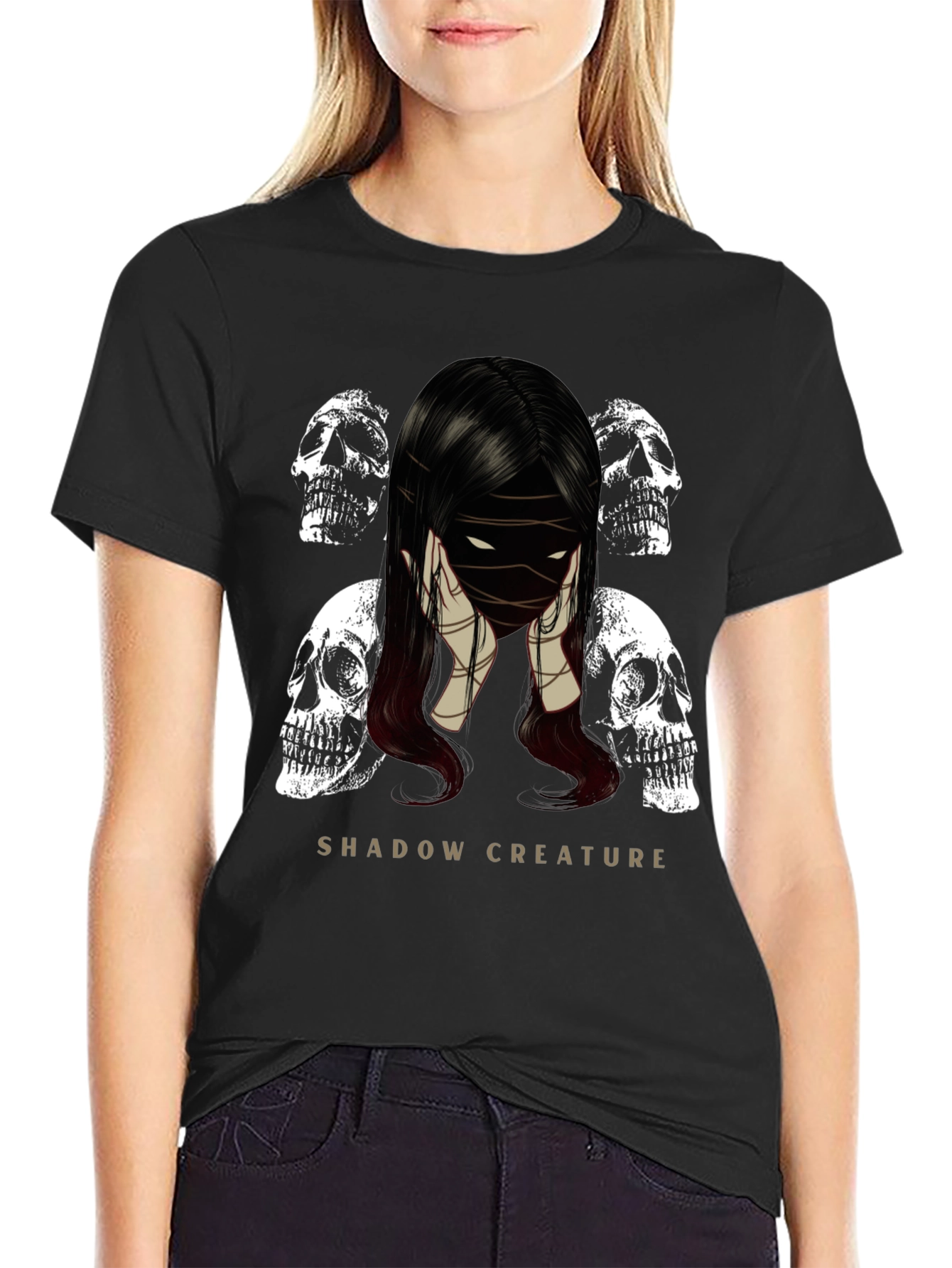 Shadow Creature Graphic Tee - Gothic Skull Design