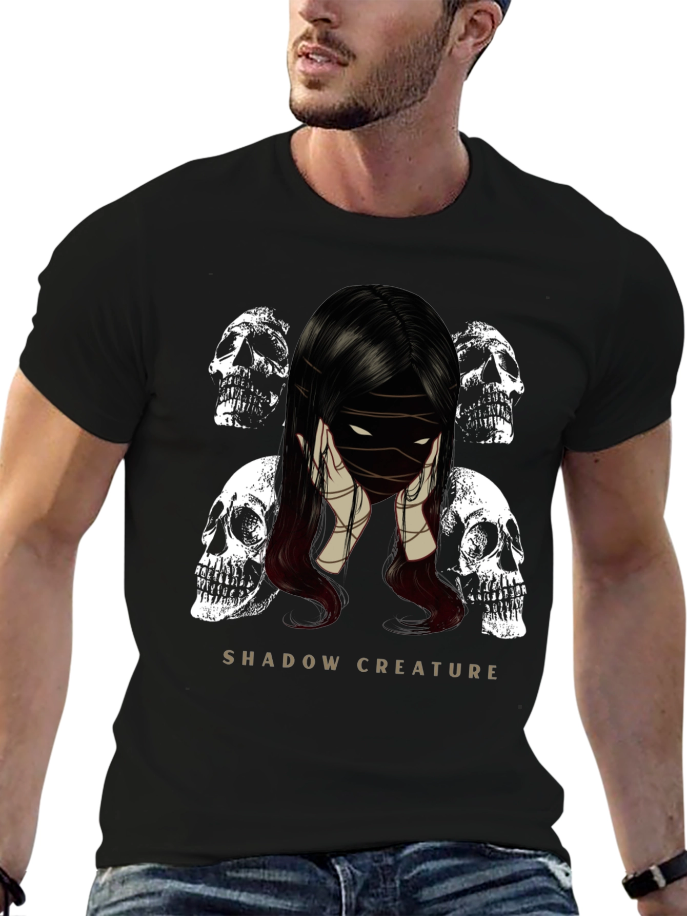 Shadow Creature Graphic Tee - Gothic Skull Design
