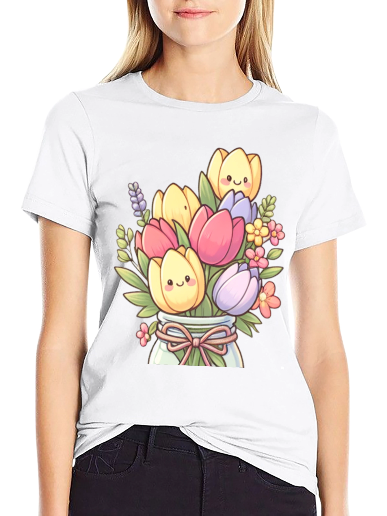 Floral Cartoon Graphic Tee - Cute Tulip Design