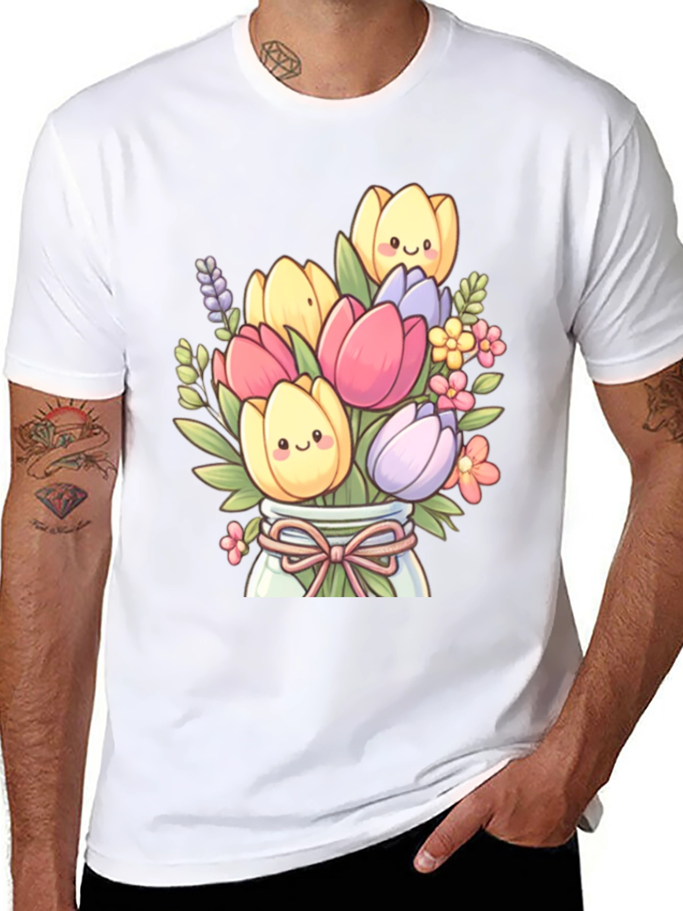 Floral Cartoon Graphic Tee - Cute Tulip Design