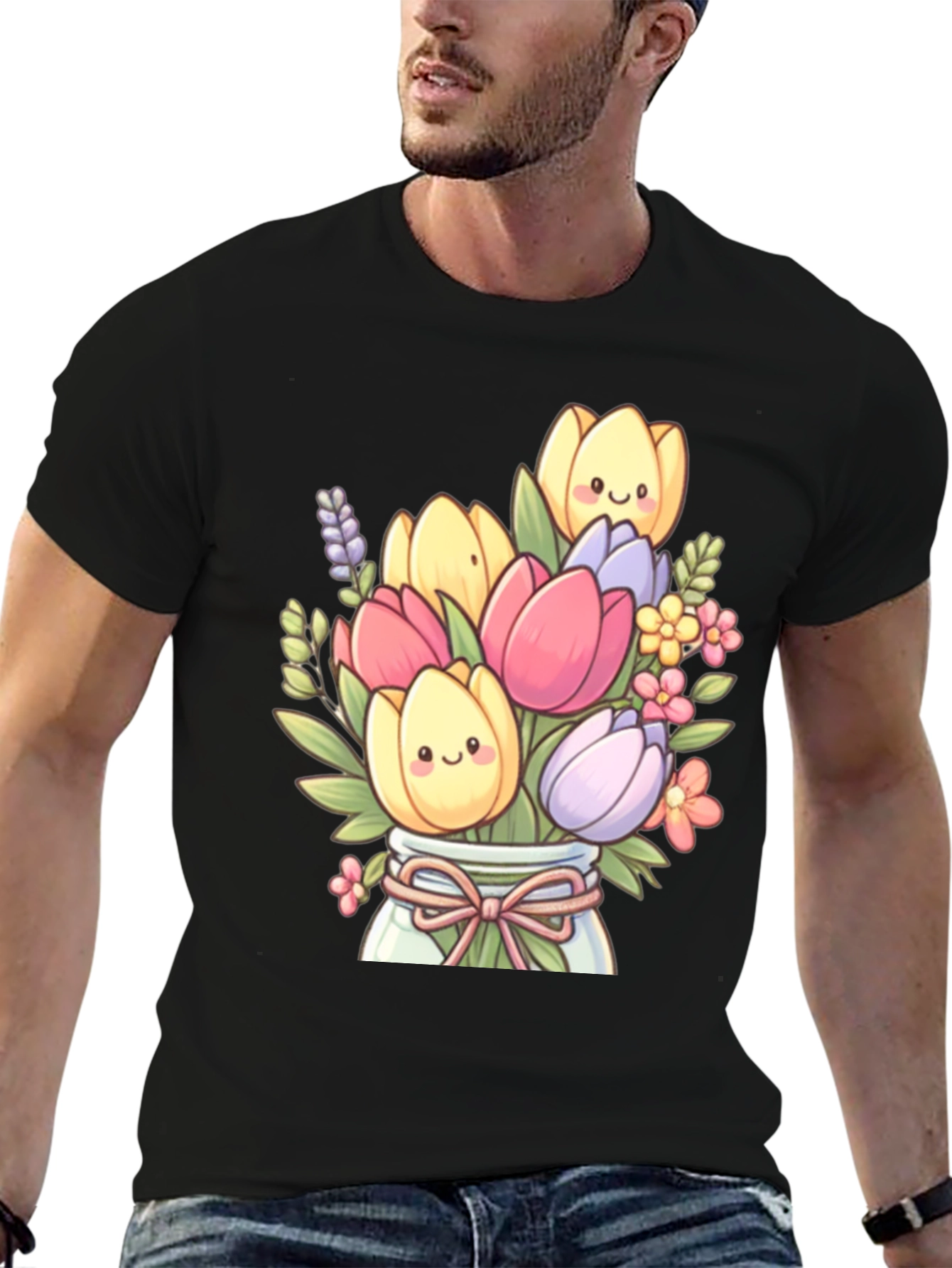Floral Cartoon Graphic Tee - Cute Tulip Design