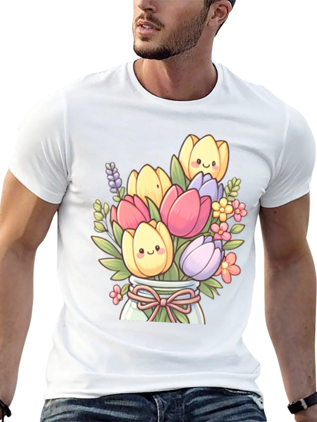 Floral Cartoon Graphic Tee - Cute Tulip Design