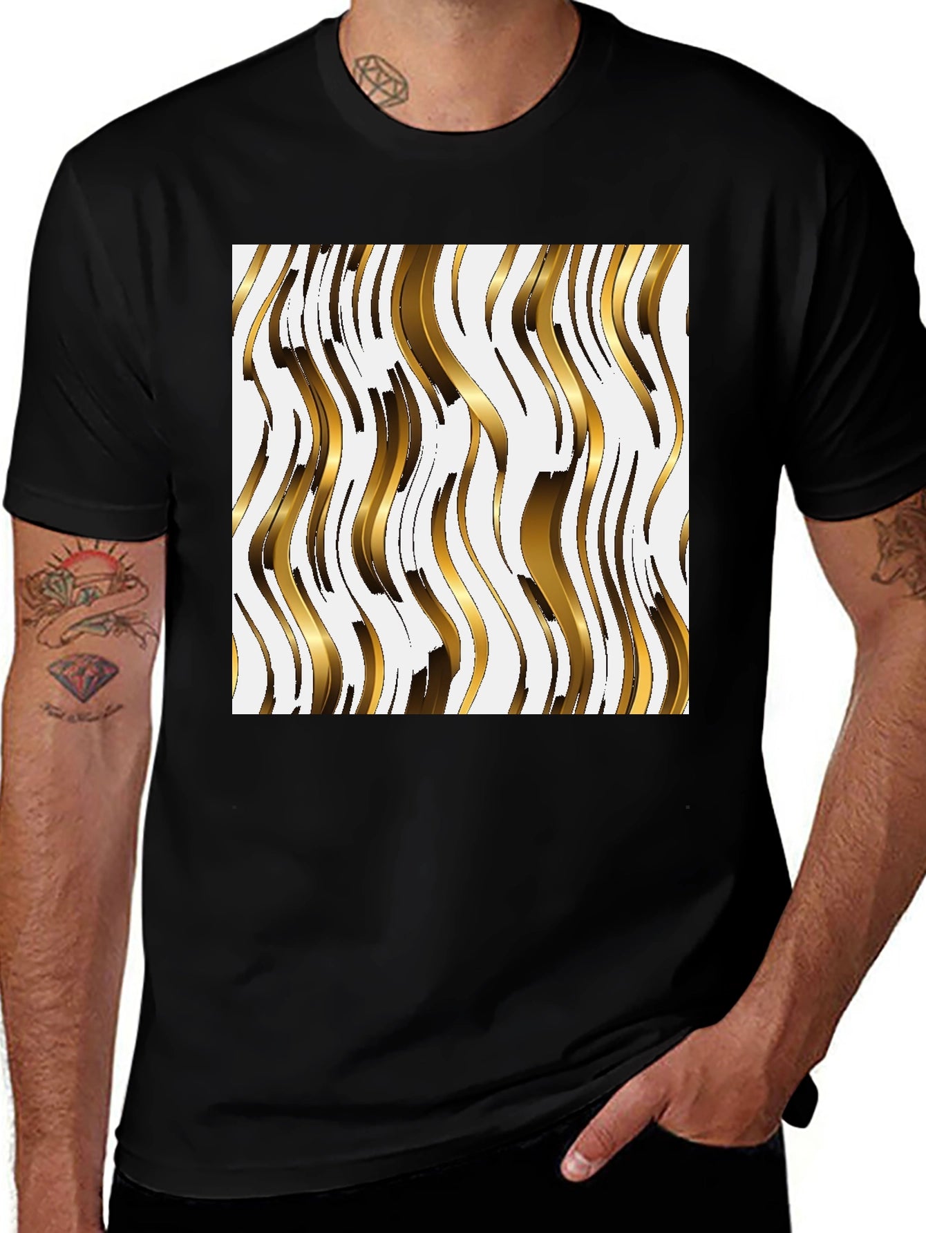 Gold Wave Pattern Tee - Modern Abstract Design