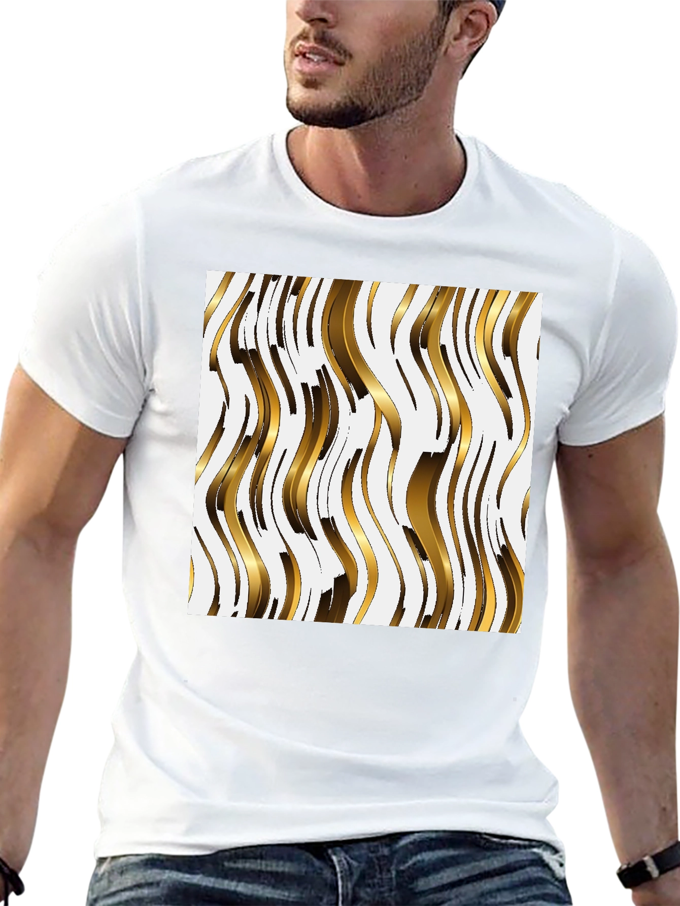 Gold Wave Pattern Tee - Modern Abstract Design