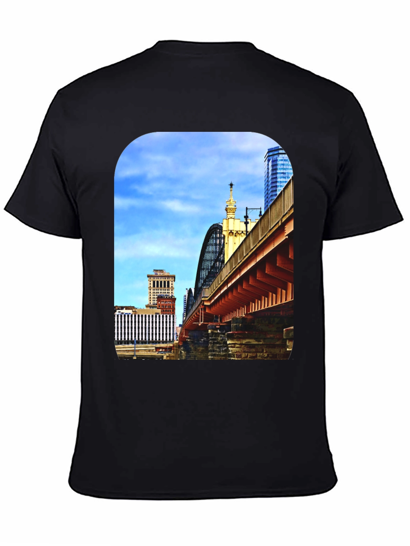 City Bridge Print Black Crewneck T-Shirt