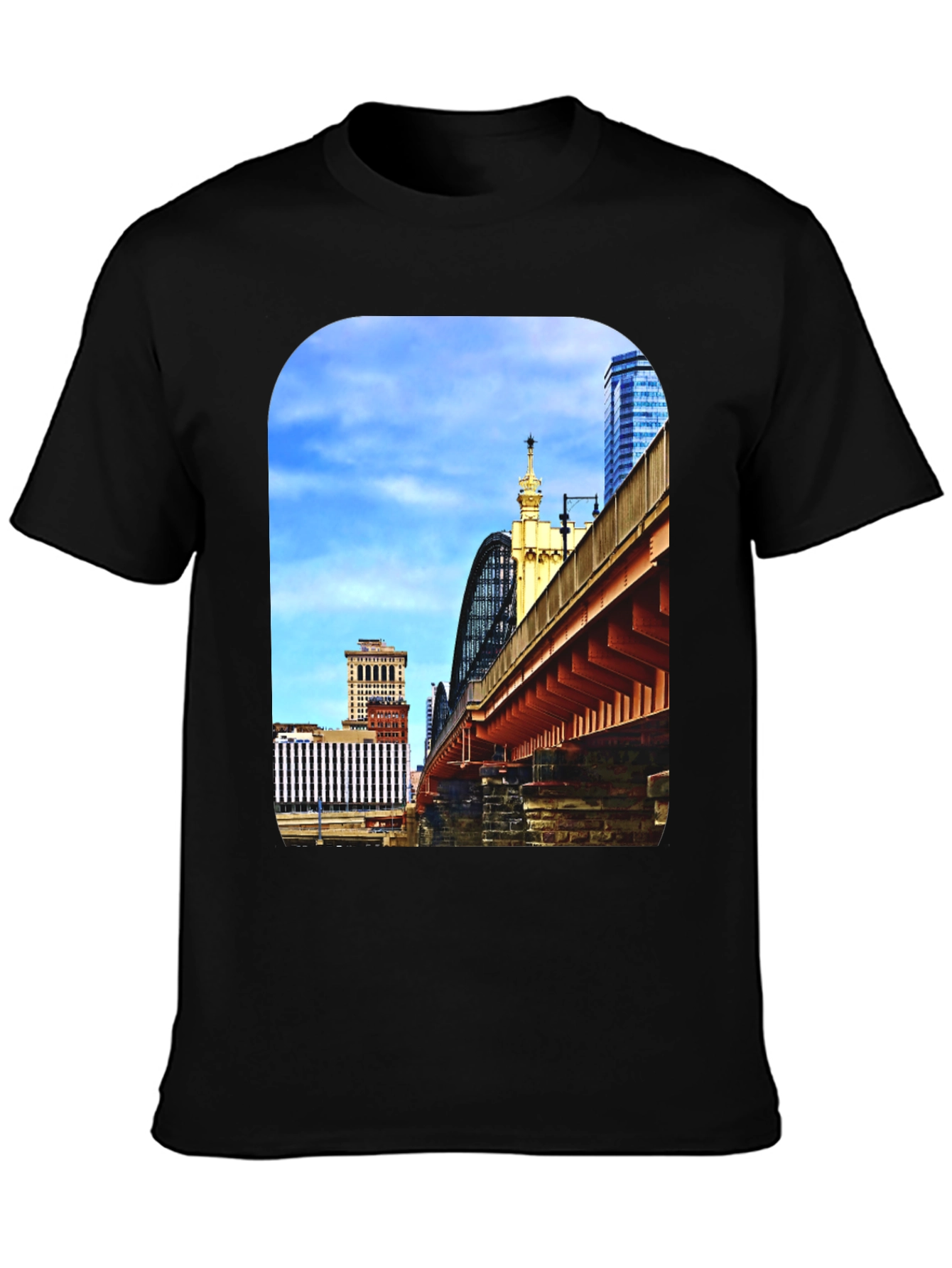City Bridge Print Black Crewneck T-Shirt