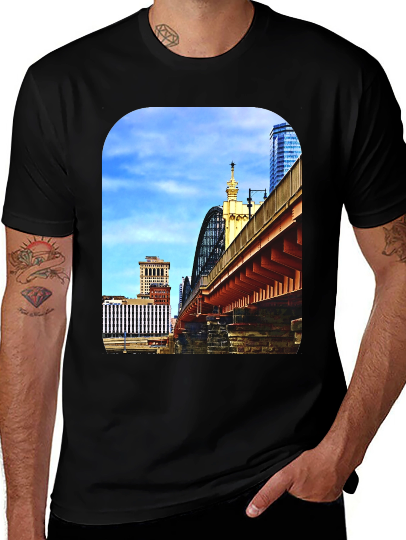 City Bridge Print Black Crewneck T-Shirt