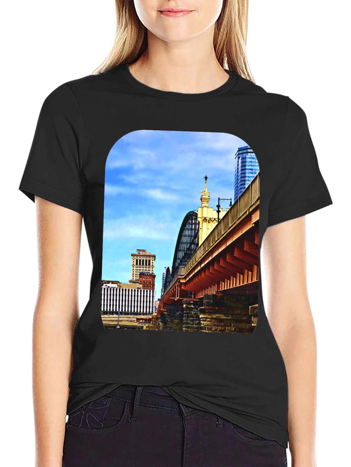 City Bridge Print Black Crewneck T-Shirt