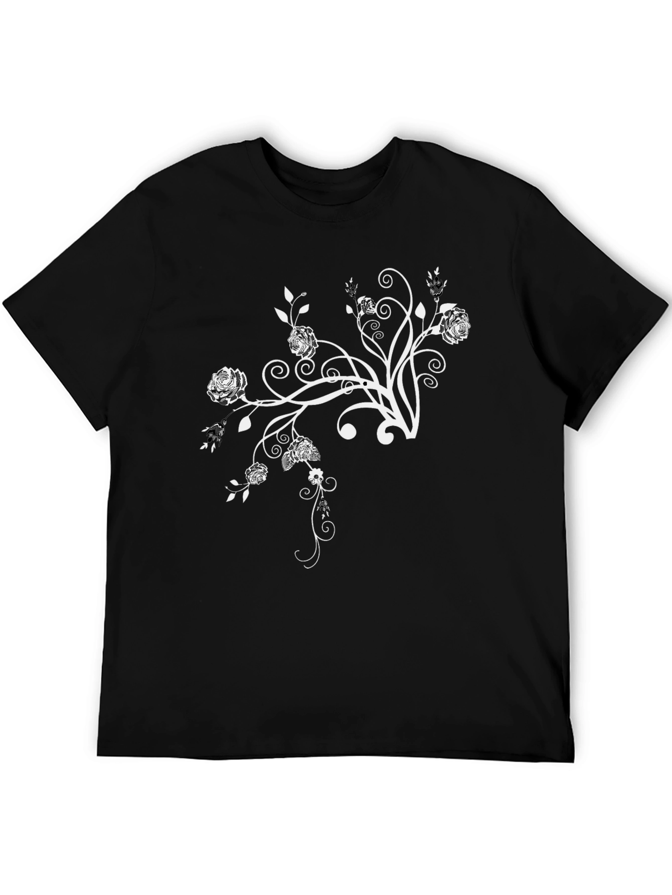 Floral Design Black Crew Neck T-Shirt
