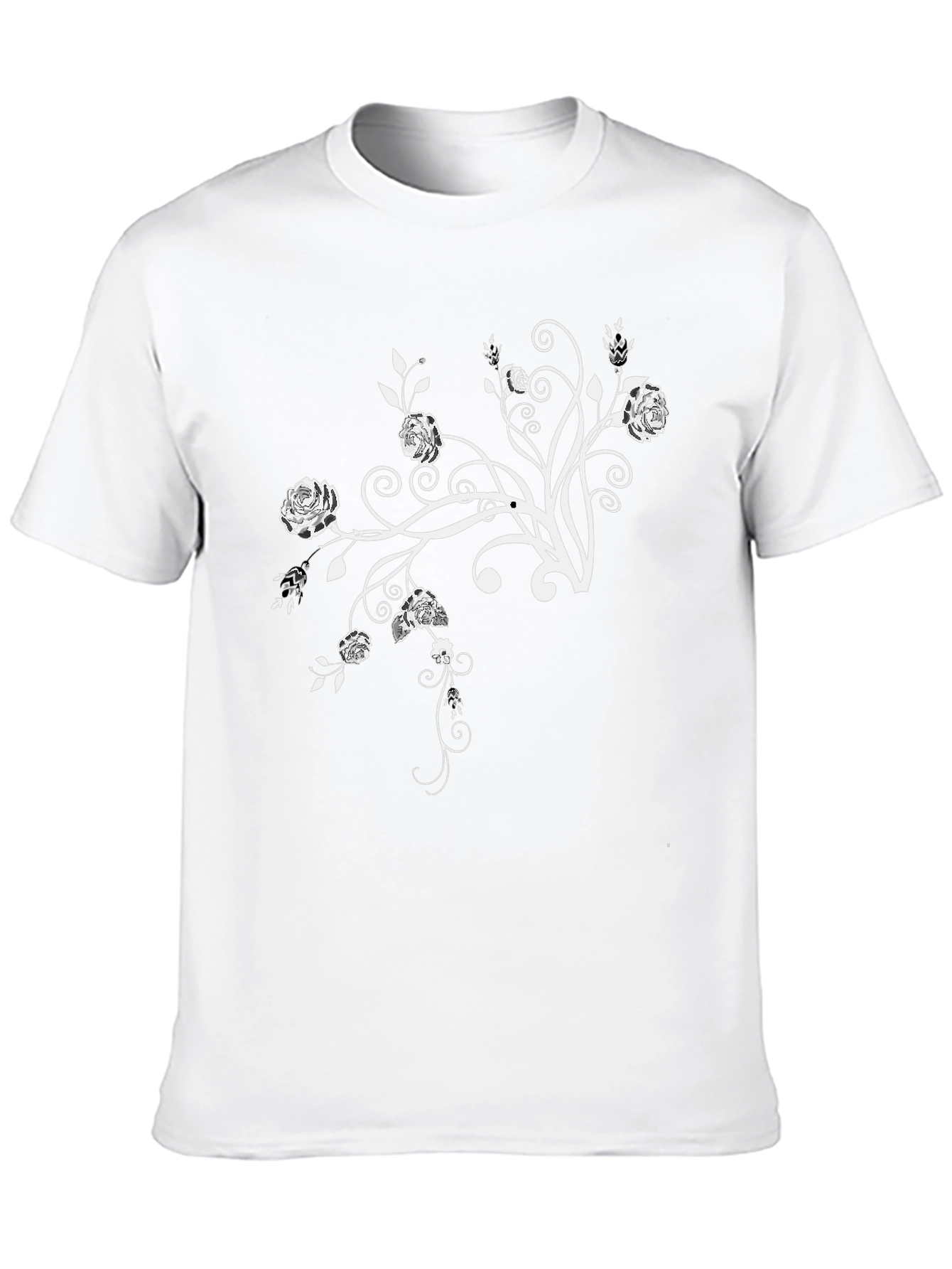 Floral Design Black Crew Neck T-Shirt
