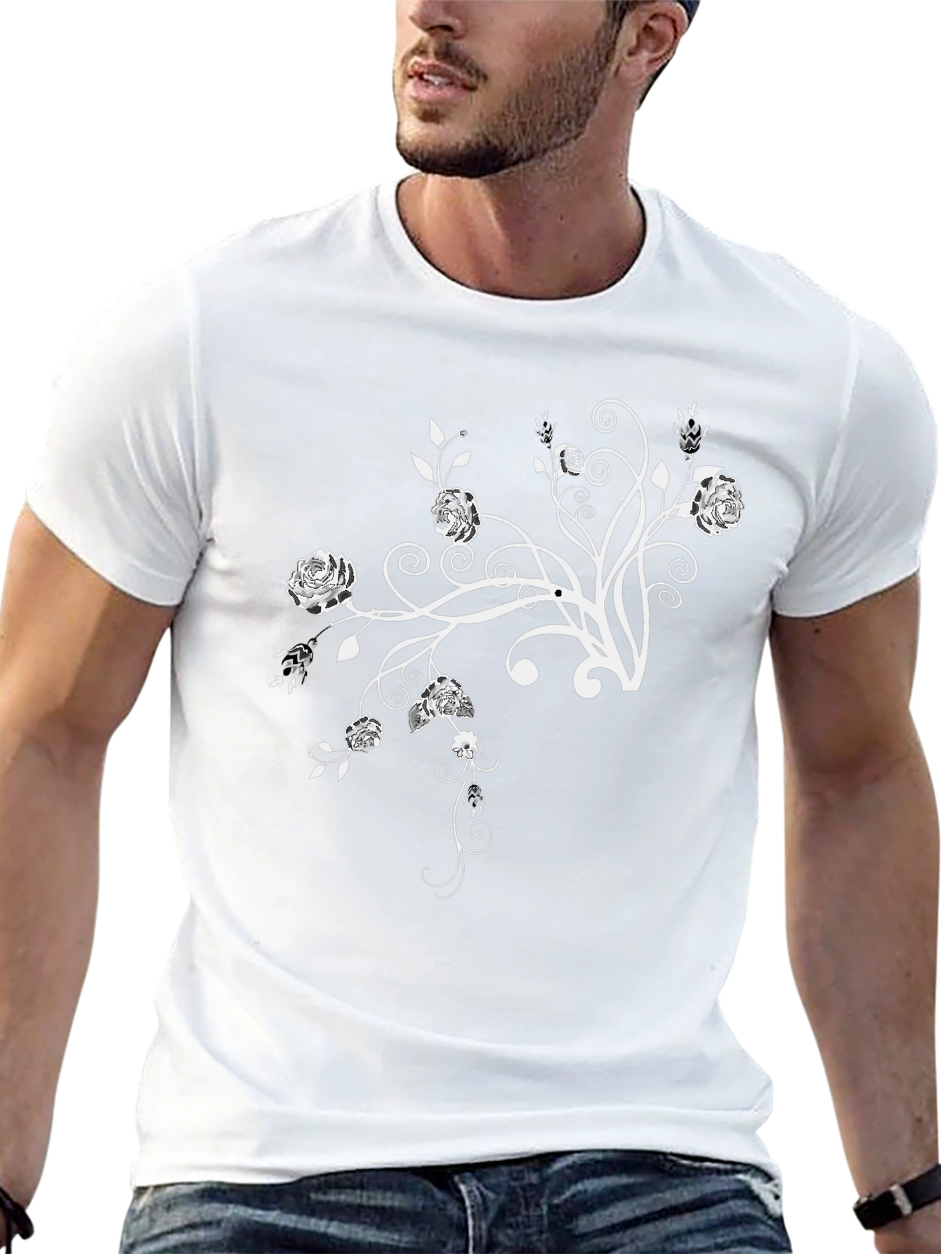 Floral Design Black Crew Neck T-Shirt