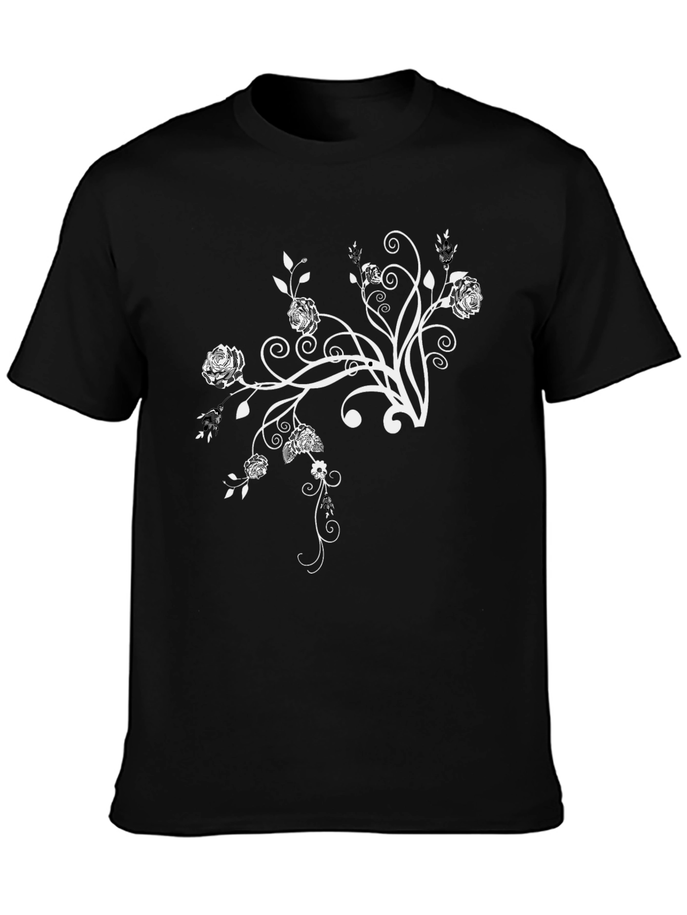 Floral Design Black Crew Neck T-Shirt