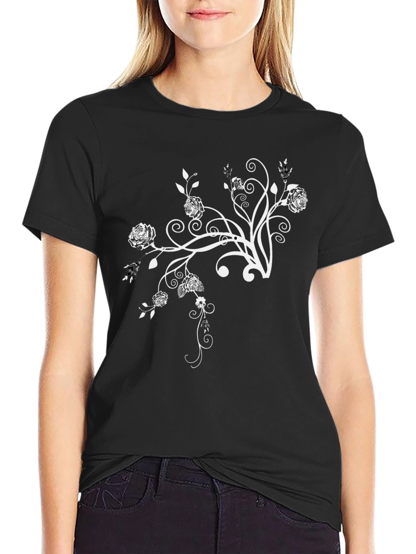 Floral Design Black Crew Neck T-Shirt