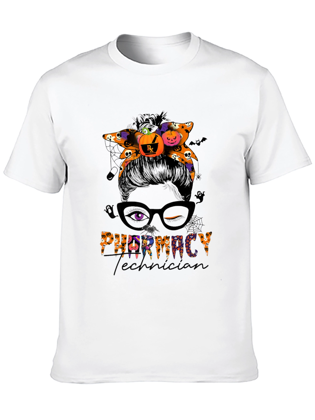 Pharmacy Technician Halloween Messy Bun T-Shirt