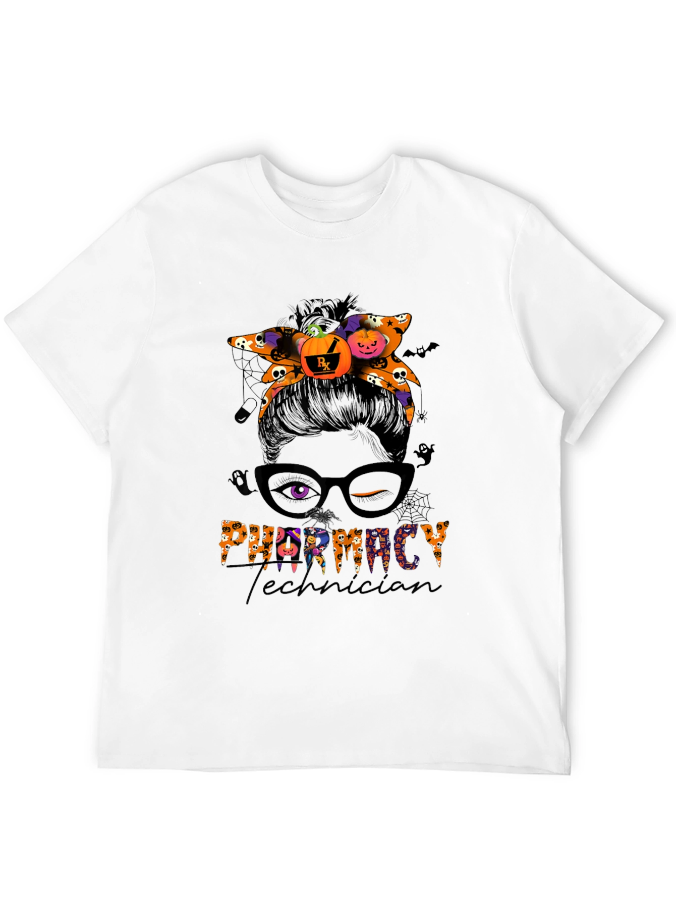 Pharmacy Technician Halloween Messy Bun T-Shirt