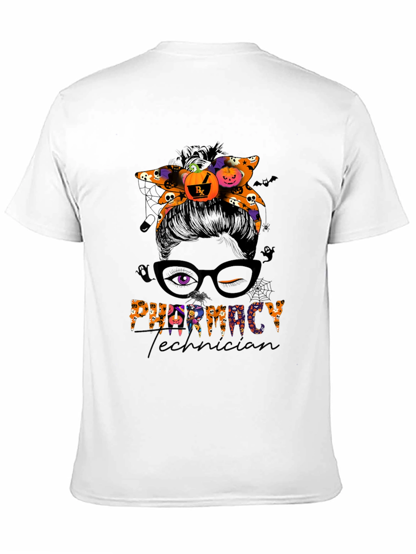 Pharmacy Technician Halloween Messy Bun T-Shirt