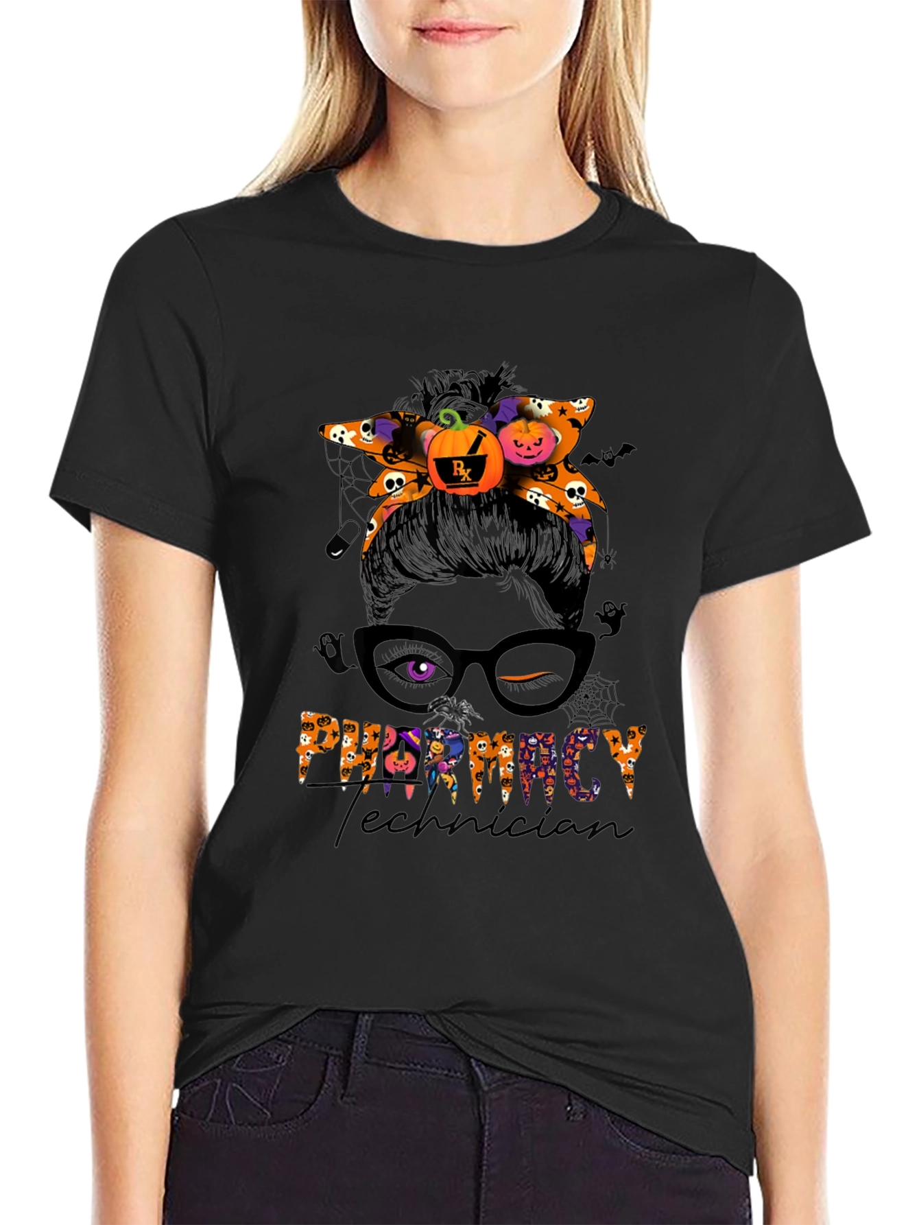 Pharmacy Technician Halloween Messy Bun T-Shirt