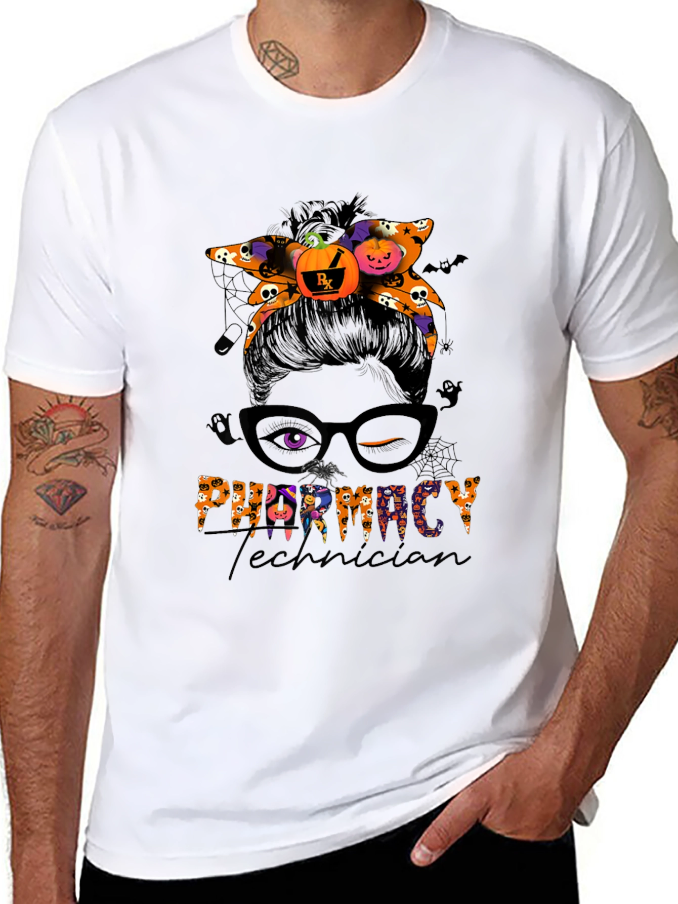 Pharmacy Technician Halloween Messy Bun T-Shirt