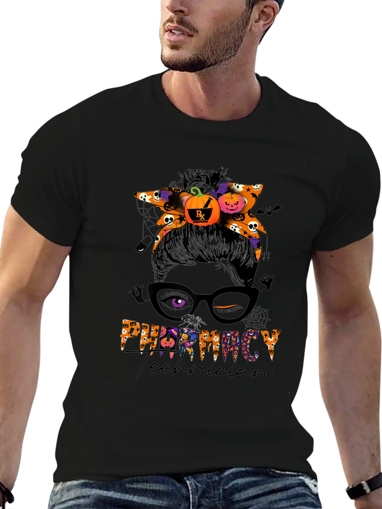 Pharmacy Technician Halloween Messy Bun T-Shirt