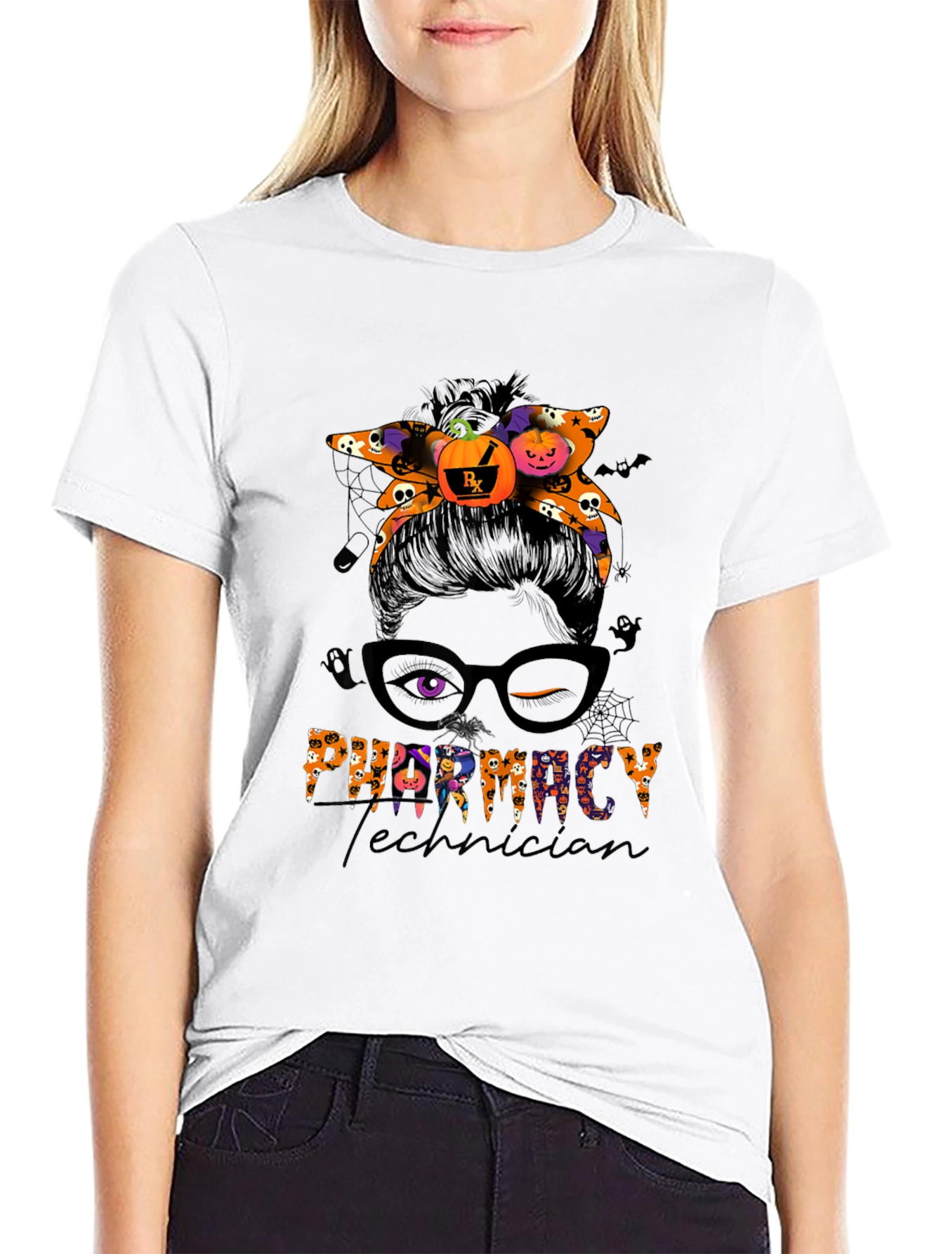 Pharmacy Technician Halloween Messy Bun T-Shirt