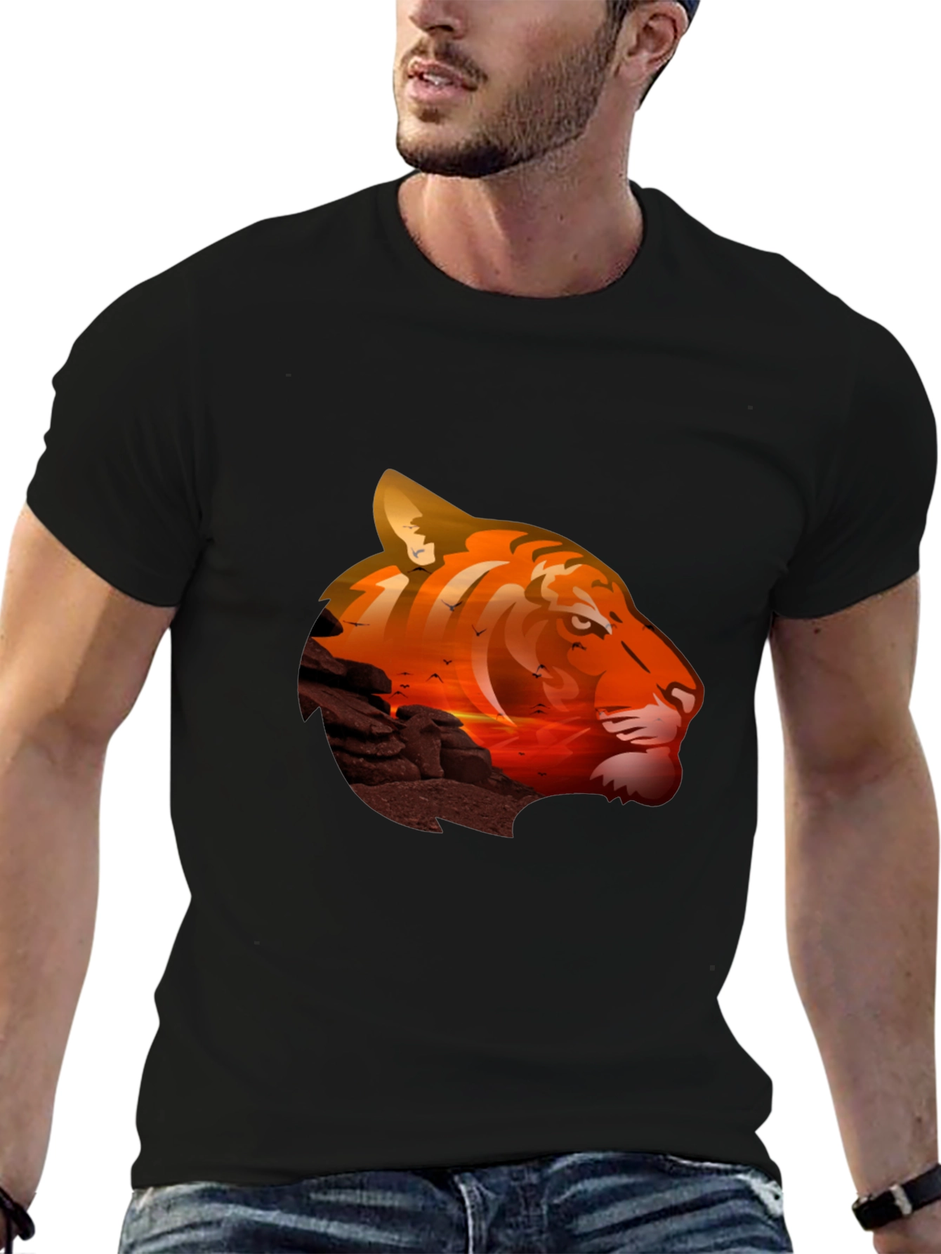 Tiger Sunset Graphic T-Shirt - Mens Casual Tee