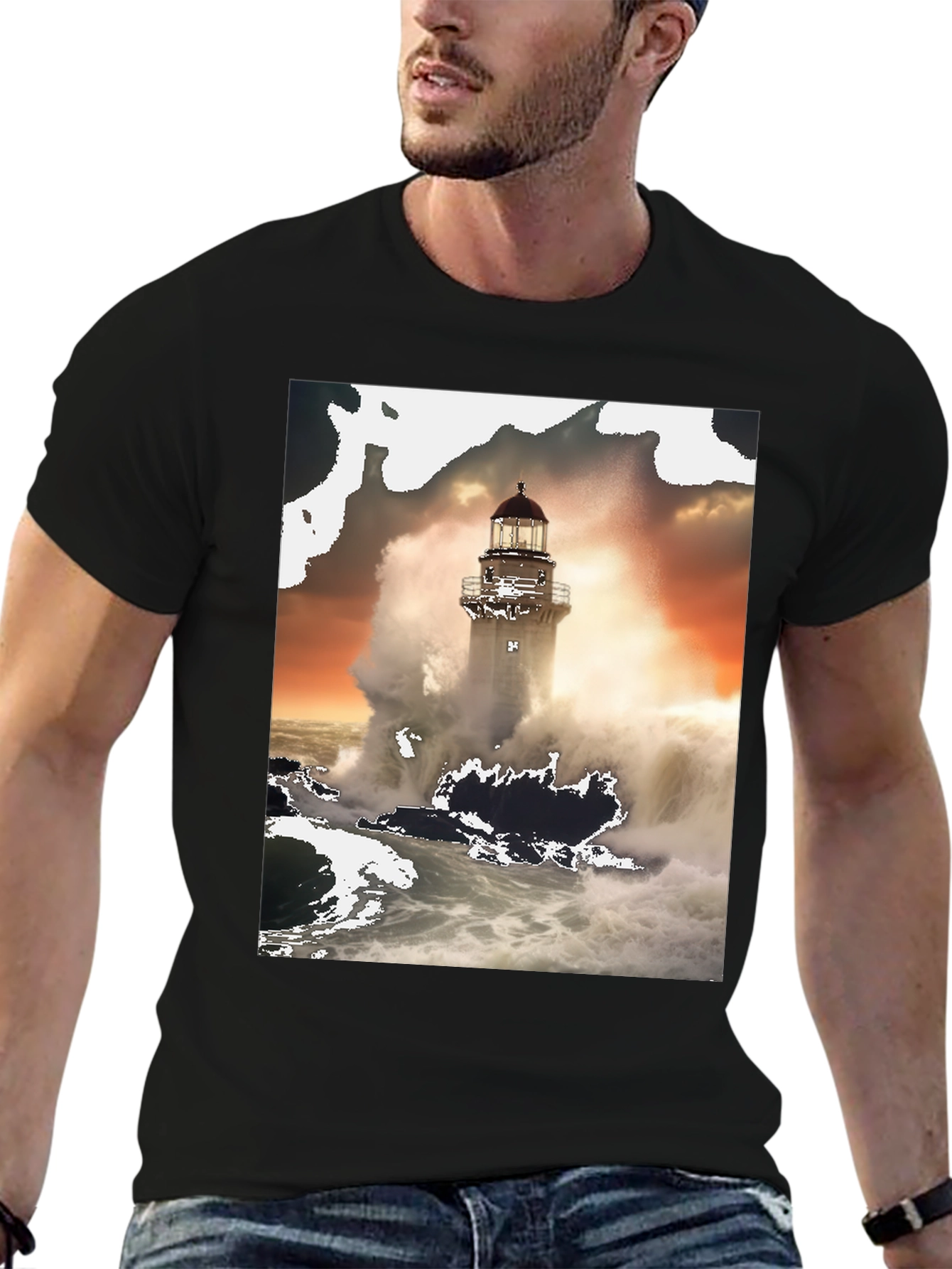 Lighthouse Wave T-Shirt - Black Graphic Tee