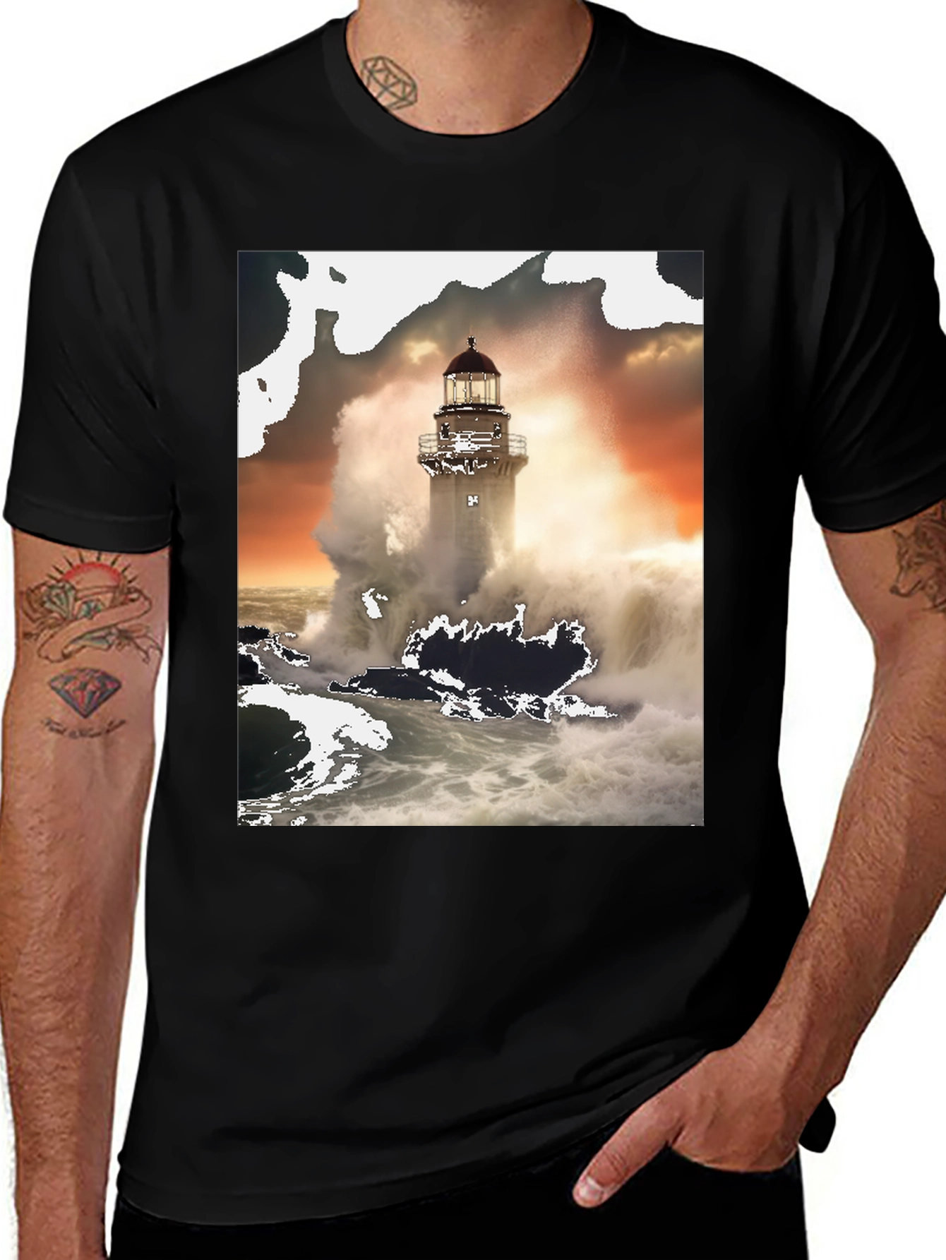 Lighthouse Wave T-Shirt - Black Graphic Tee