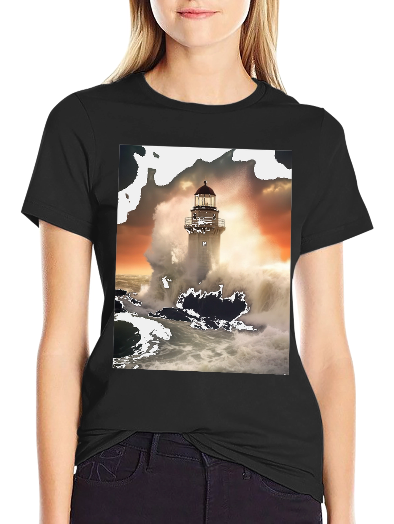 Lighthouse Wave T-Shirt - Black Graphic Tee