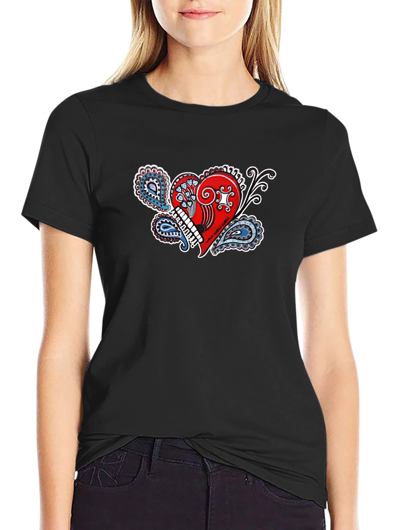 Paisley Heart Graphic Tee - Black Cotton