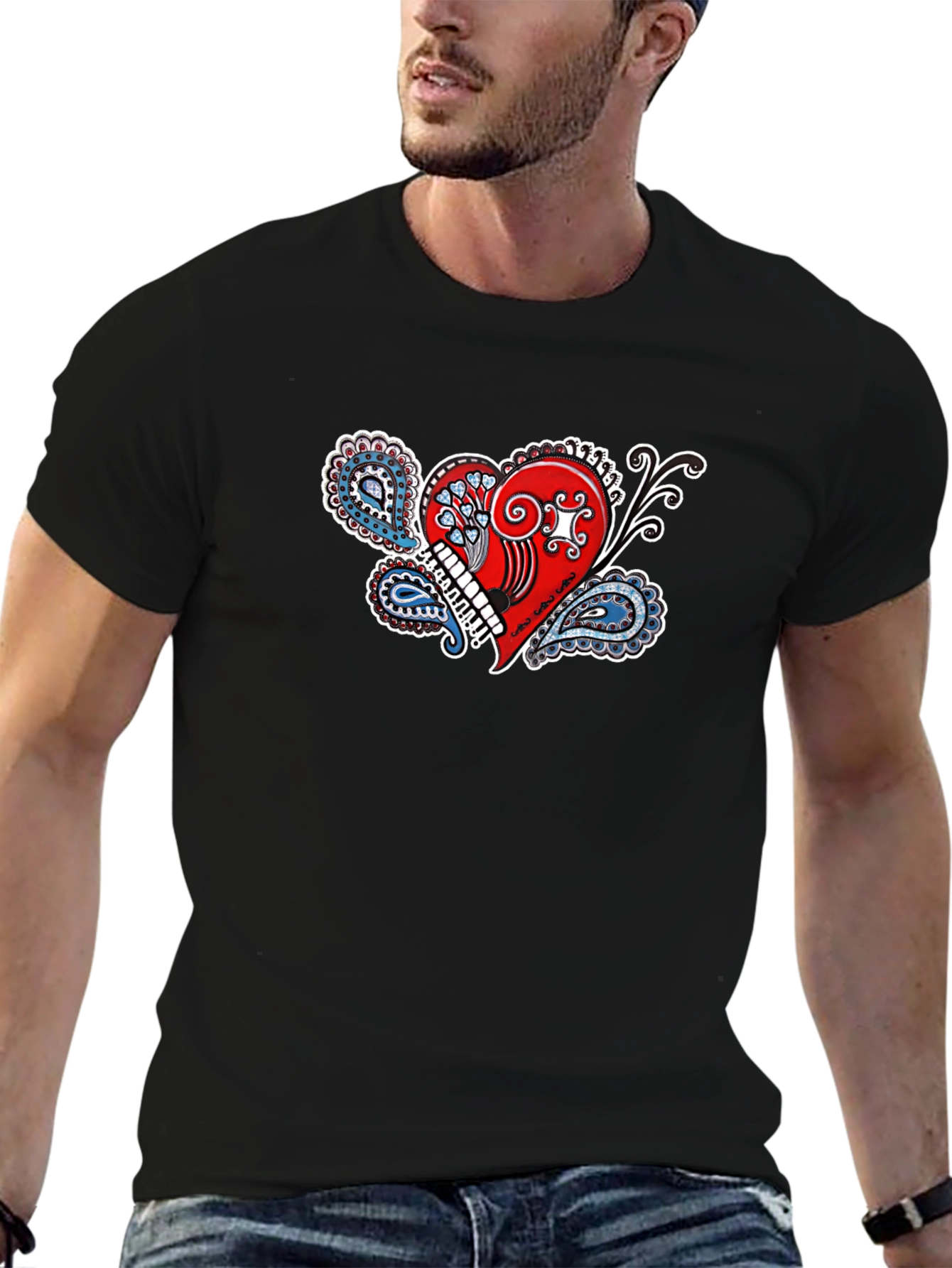 Paisley Heart Graphic Tee - Black Cotton