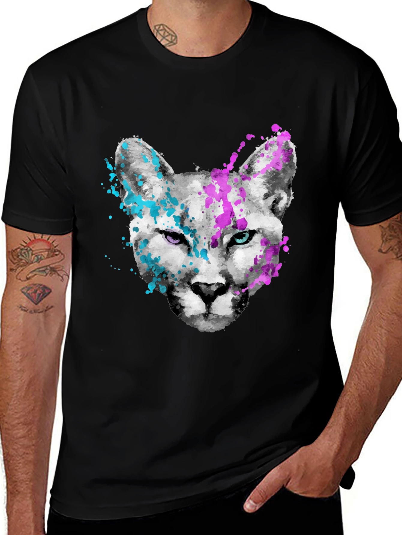 Abstract Cat Graphic Tee - Mens Black T-Shirt