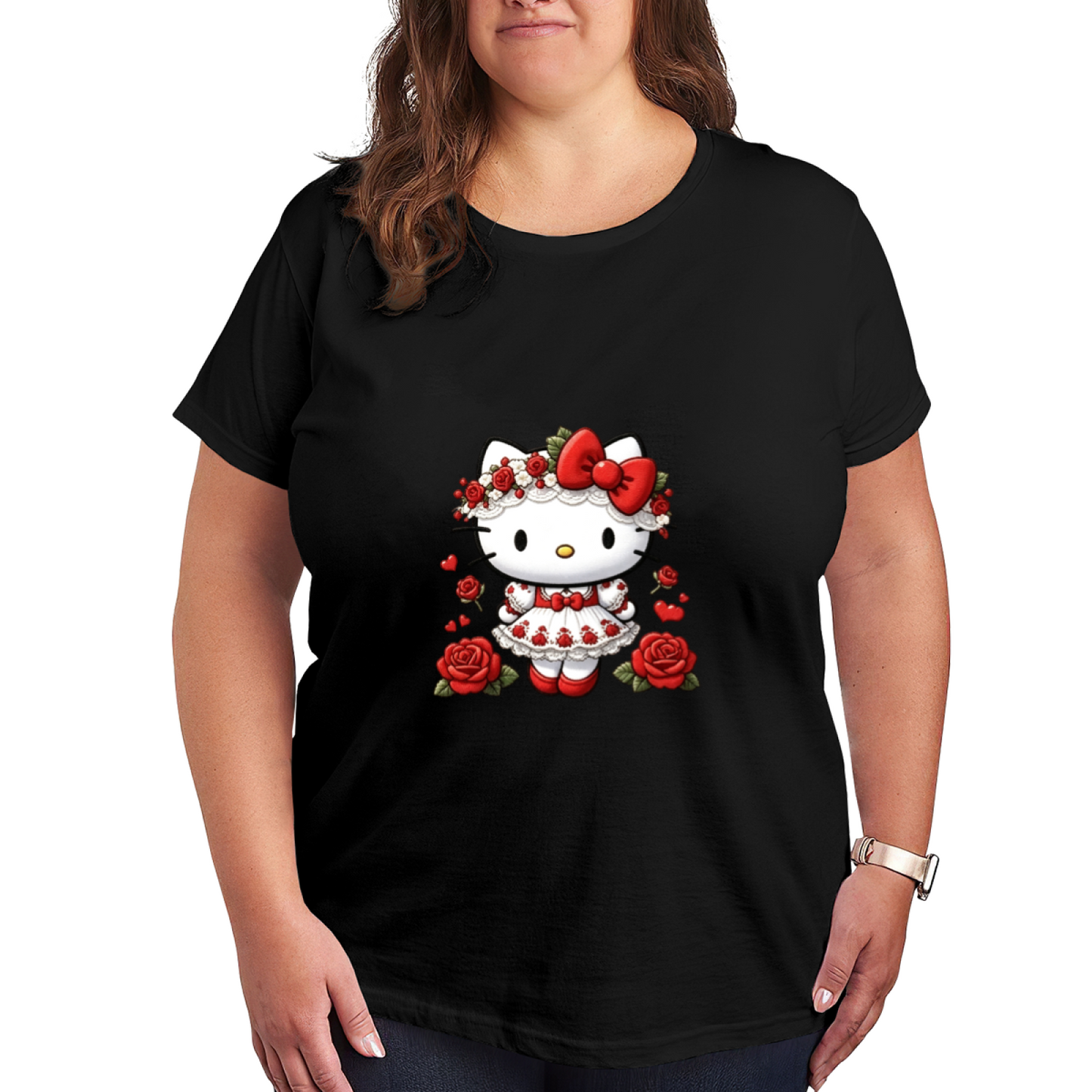 Rose Floral Dress Hello Kitty Dark Romantic Plus?Size Women Tee