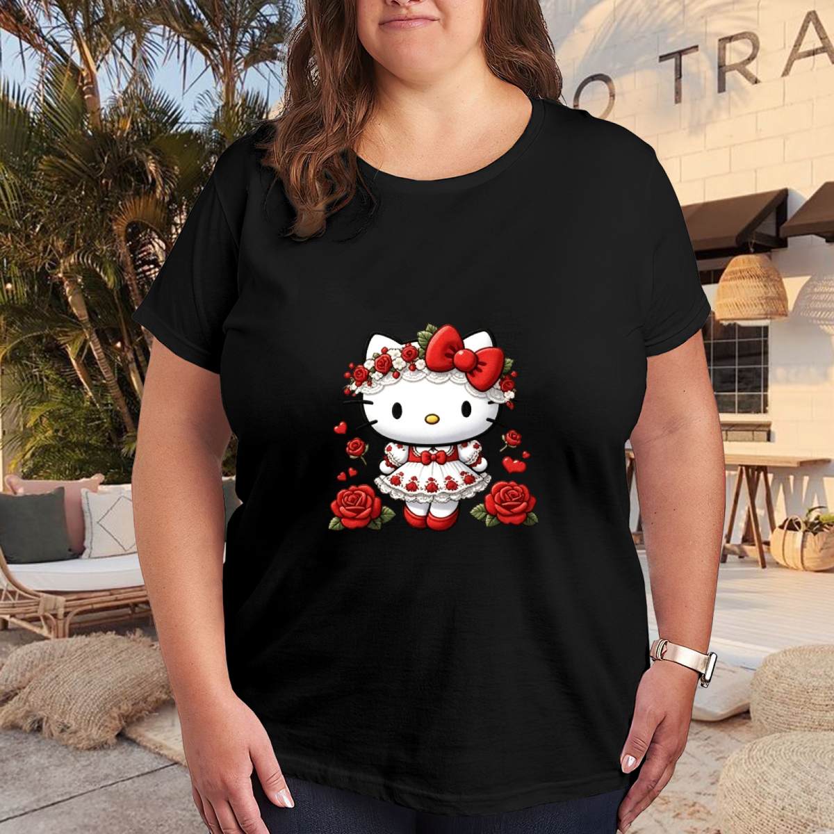 Rose Floral Dress Hello Kitty Dark Romantic Plus?Size Women Tee
