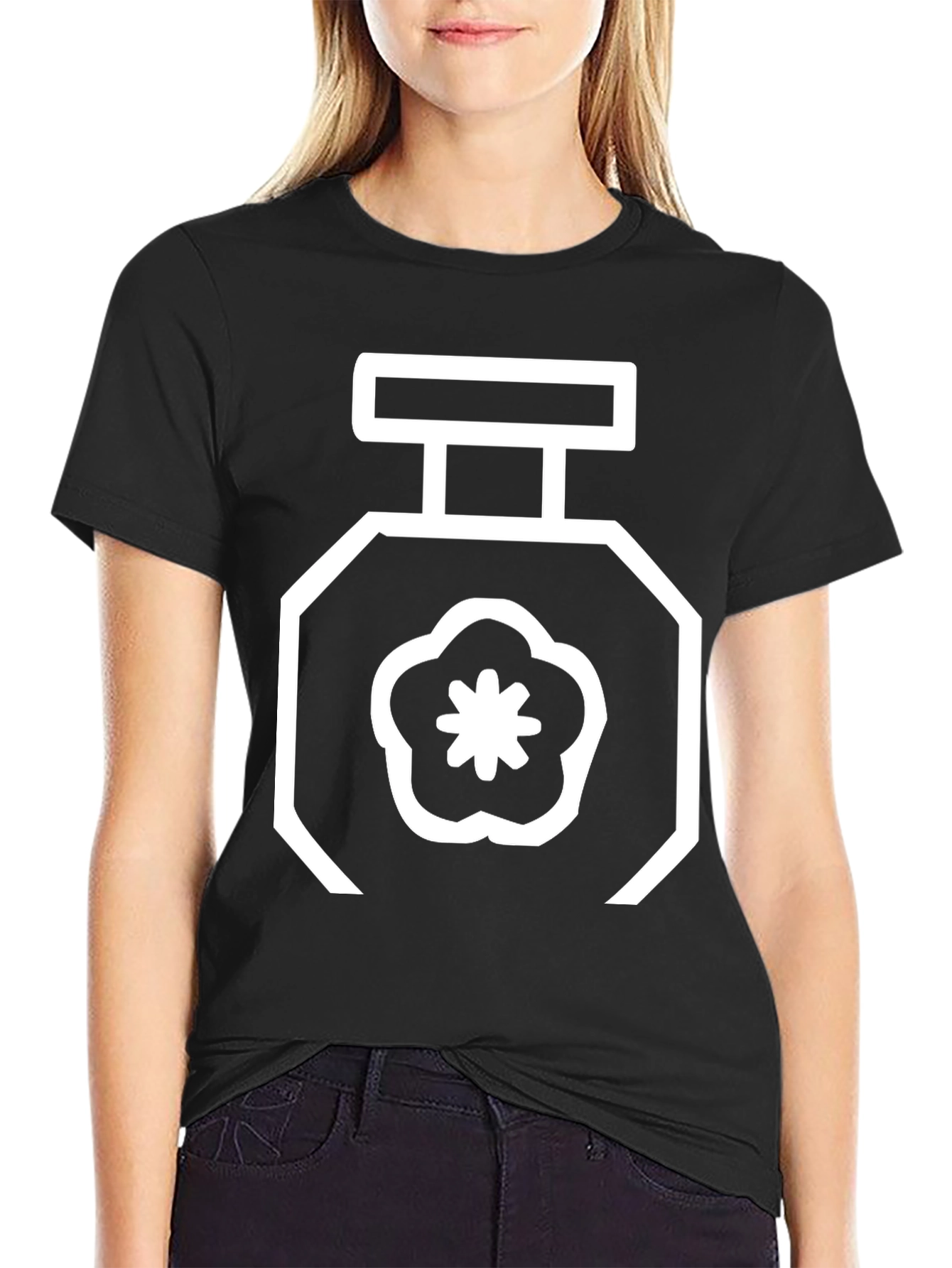 Floral Perfume Bottle Graphic Tee - Black
