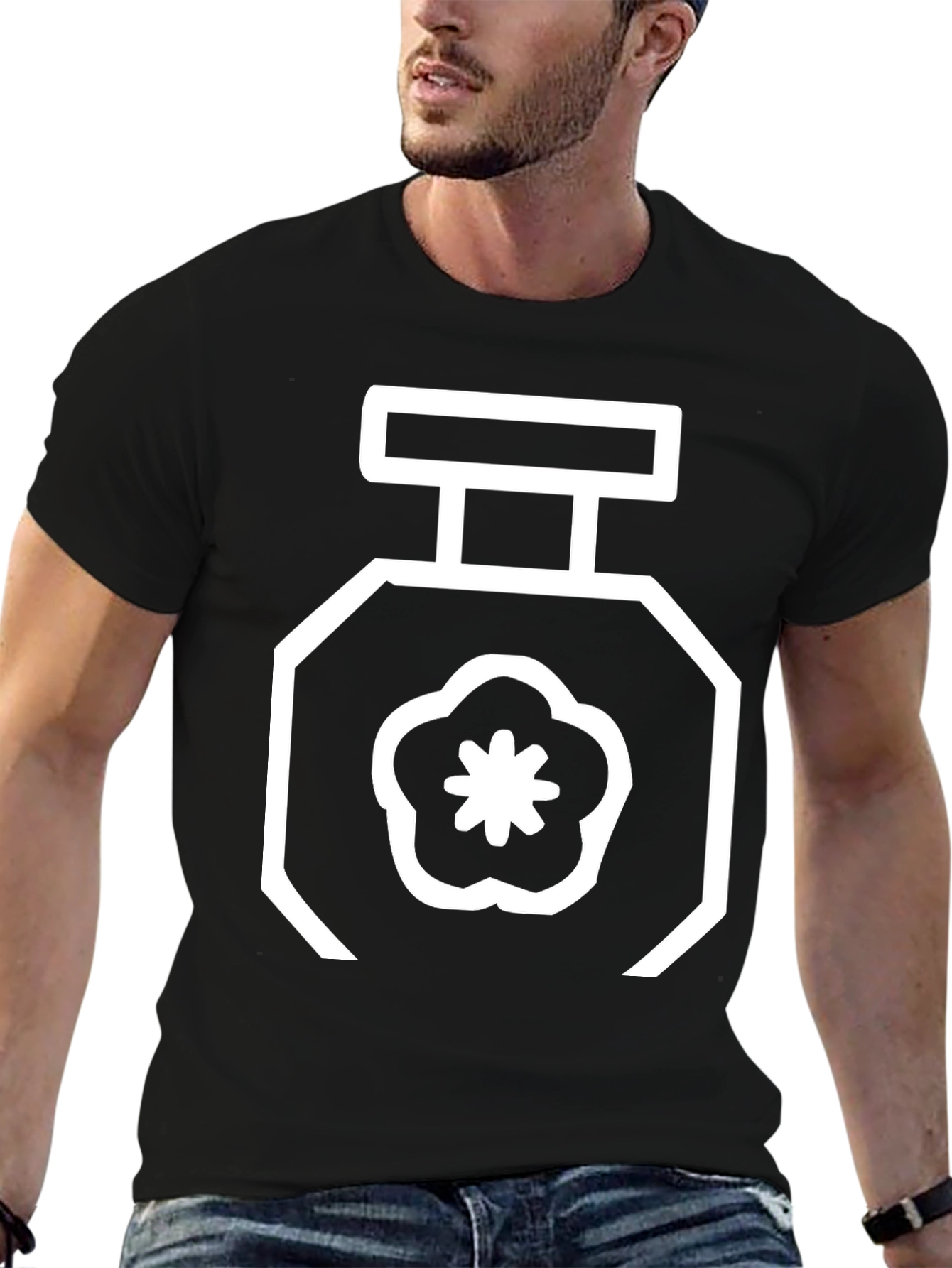 Floral Perfume Bottle Graphic Tee - Black