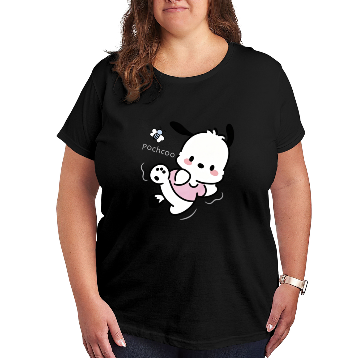 Playful Jumping Pochacco With Bee Graphic Plus?Size Ladies Tee