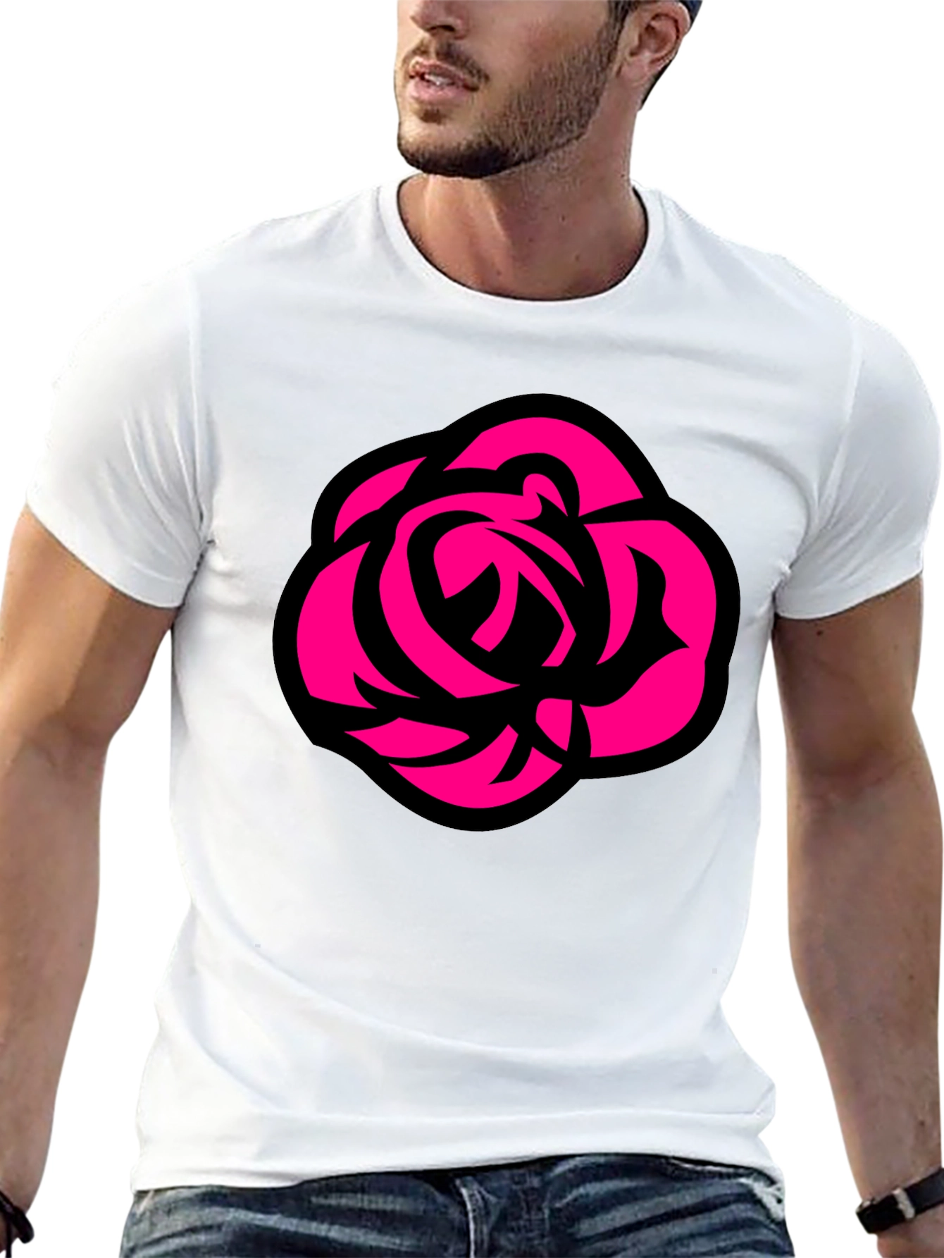 Bold Rose Graphic Tee - Black Cotton Casual T-Shirt