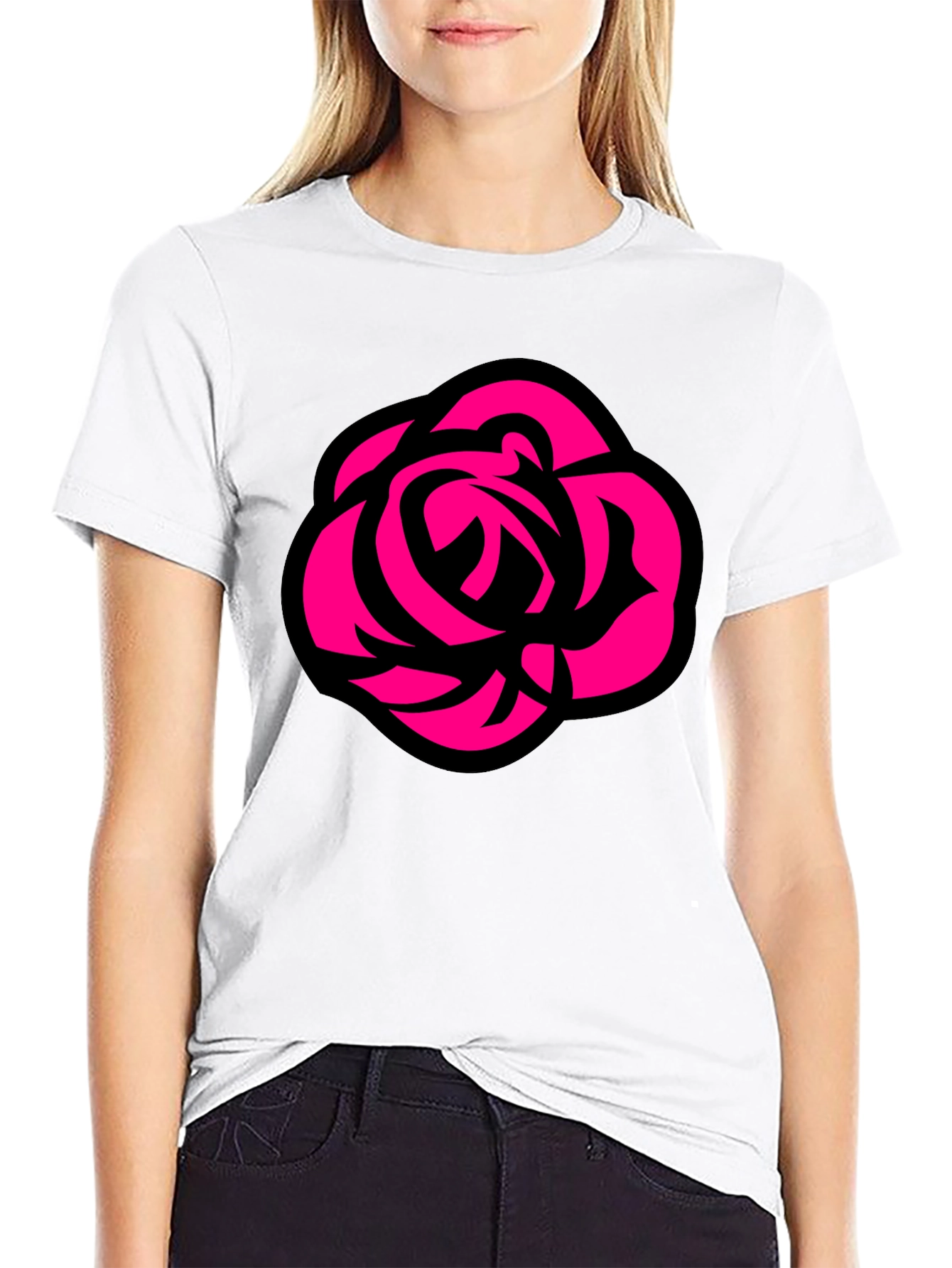 Bold Rose Graphic Tee - Black Cotton Casual T-Shirt