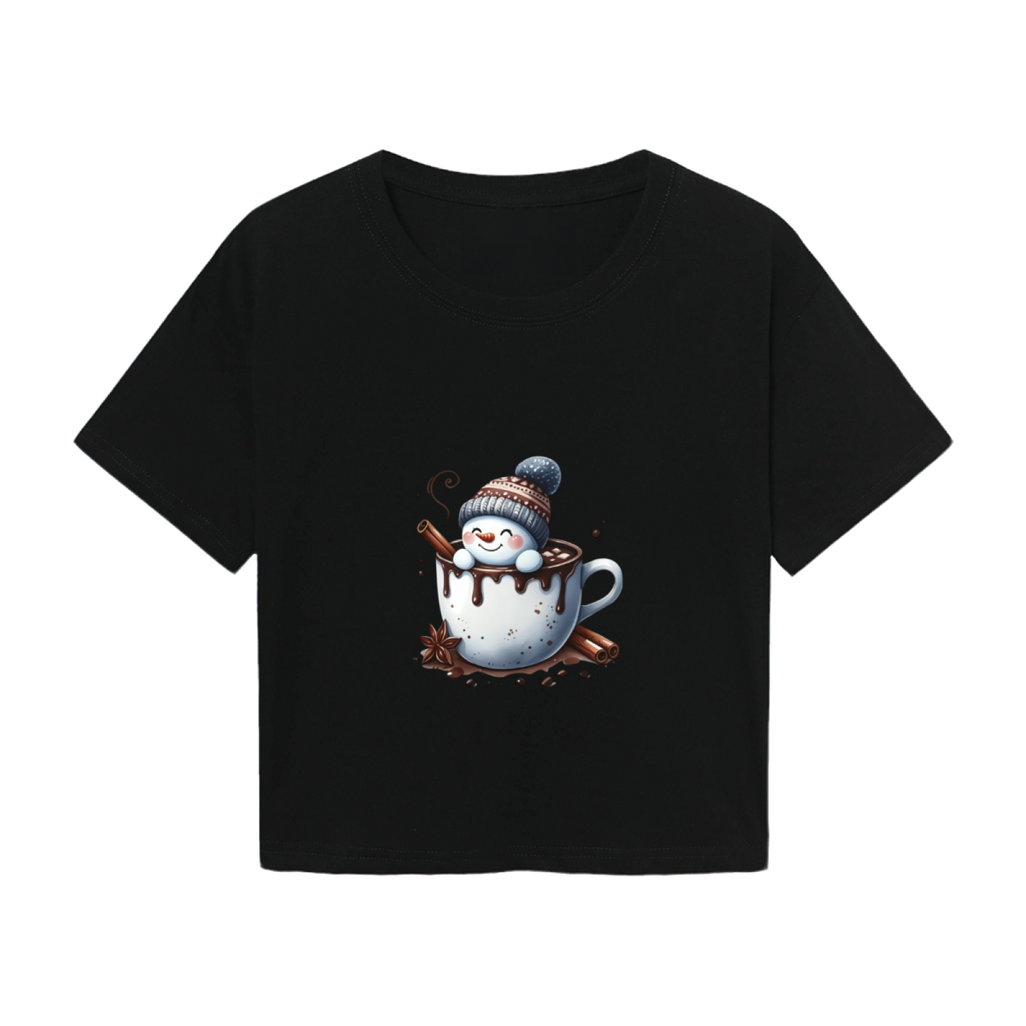 Snowman In Hot Cocoa Cup Cozy Christmas Crop Top
