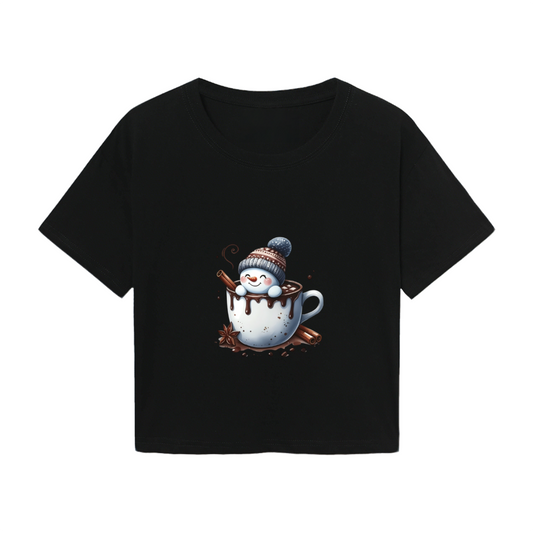 Snowman In Hot Cocoa Cup Cozy Christmas Crop Top