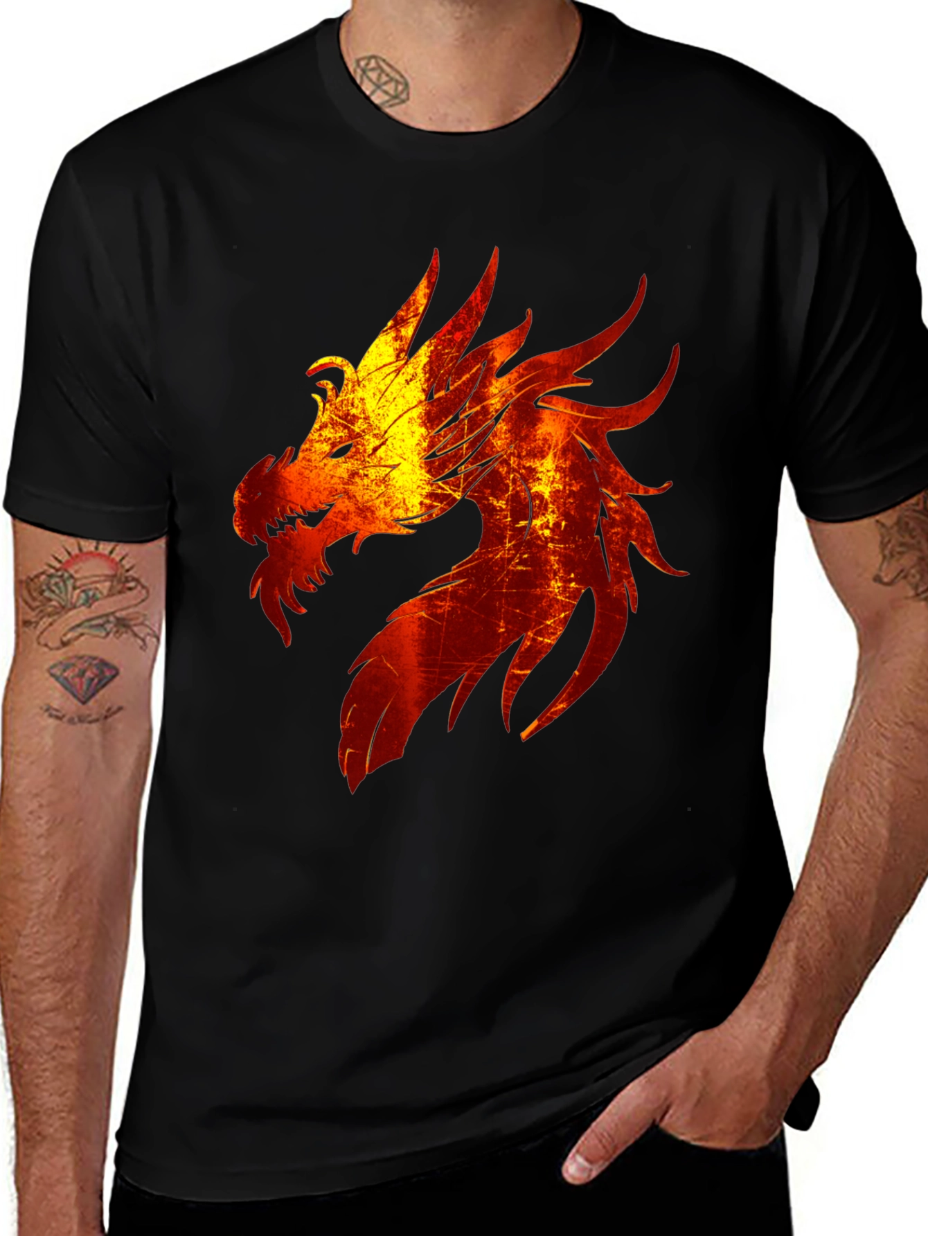 Fiery Dragon Graphic Tee - Black Cotton Blend T-Shirt