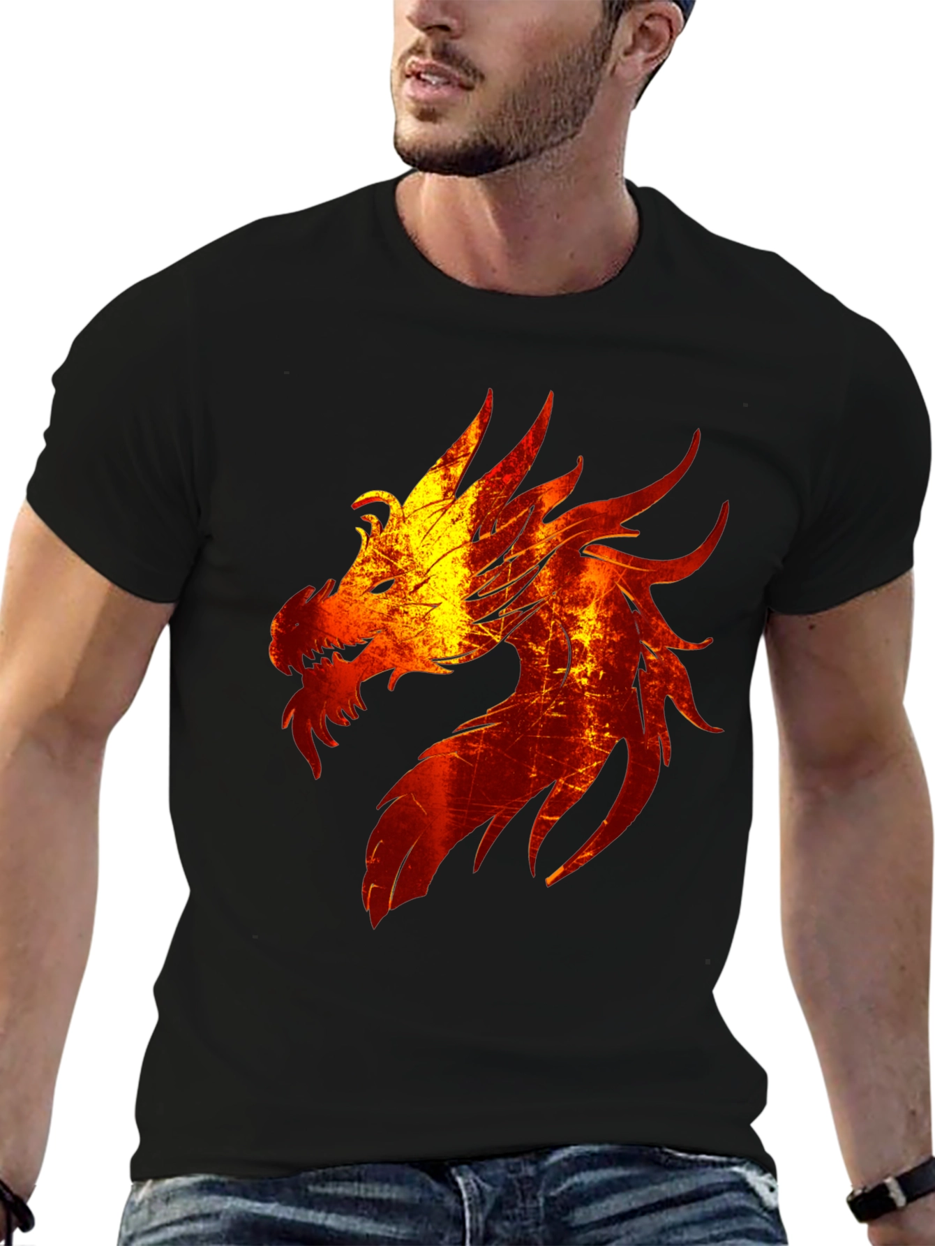 Fiery Dragon Graphic Tee - Black Cotton Blend T-Shirt