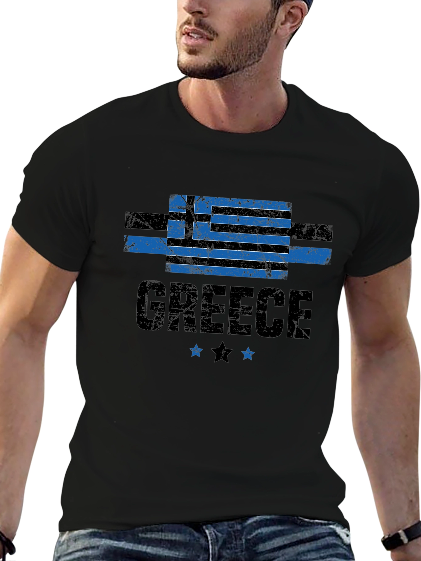 Greece Flag T-Shirt - Black Distressed Look