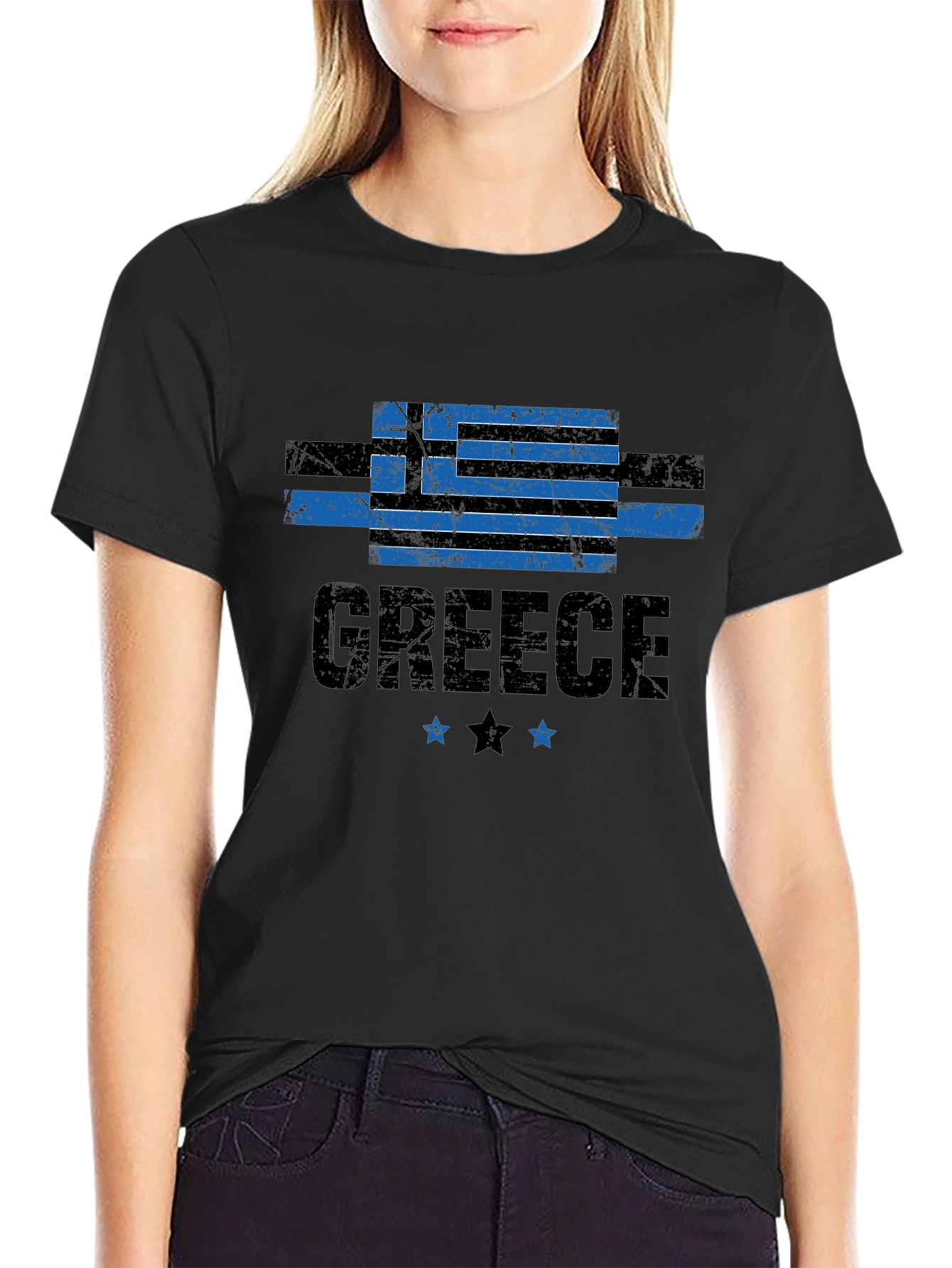 Greece Flag T-Shirt - Black Distressed Look