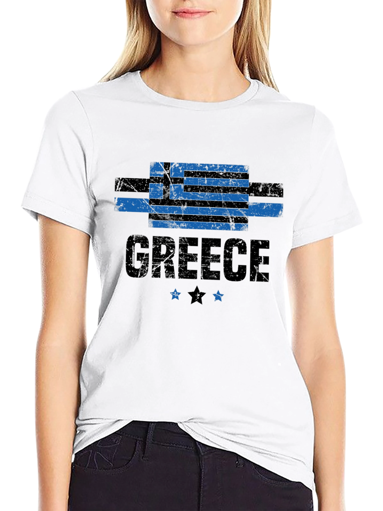 Greece Flag T-Shirt - Black Distressed Look
