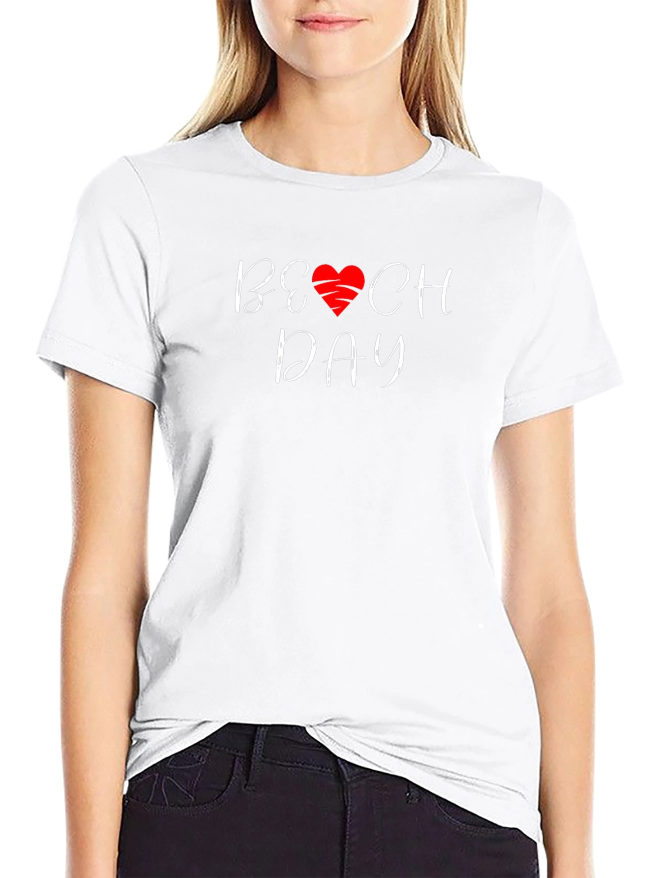 Beach Day T-Shirt with Heart Graphic - Casual Wear