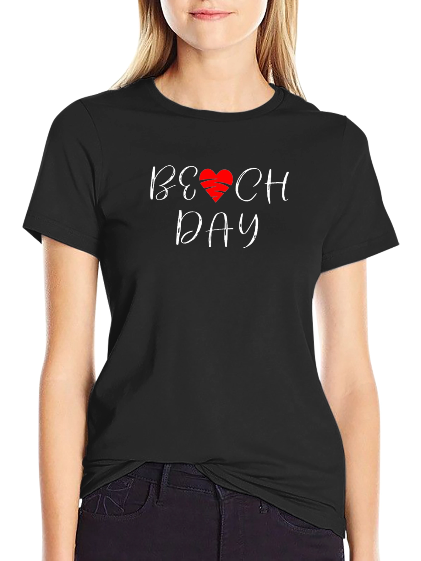 Beach Day T-Shirt with Heart Graphic - Casual Wear